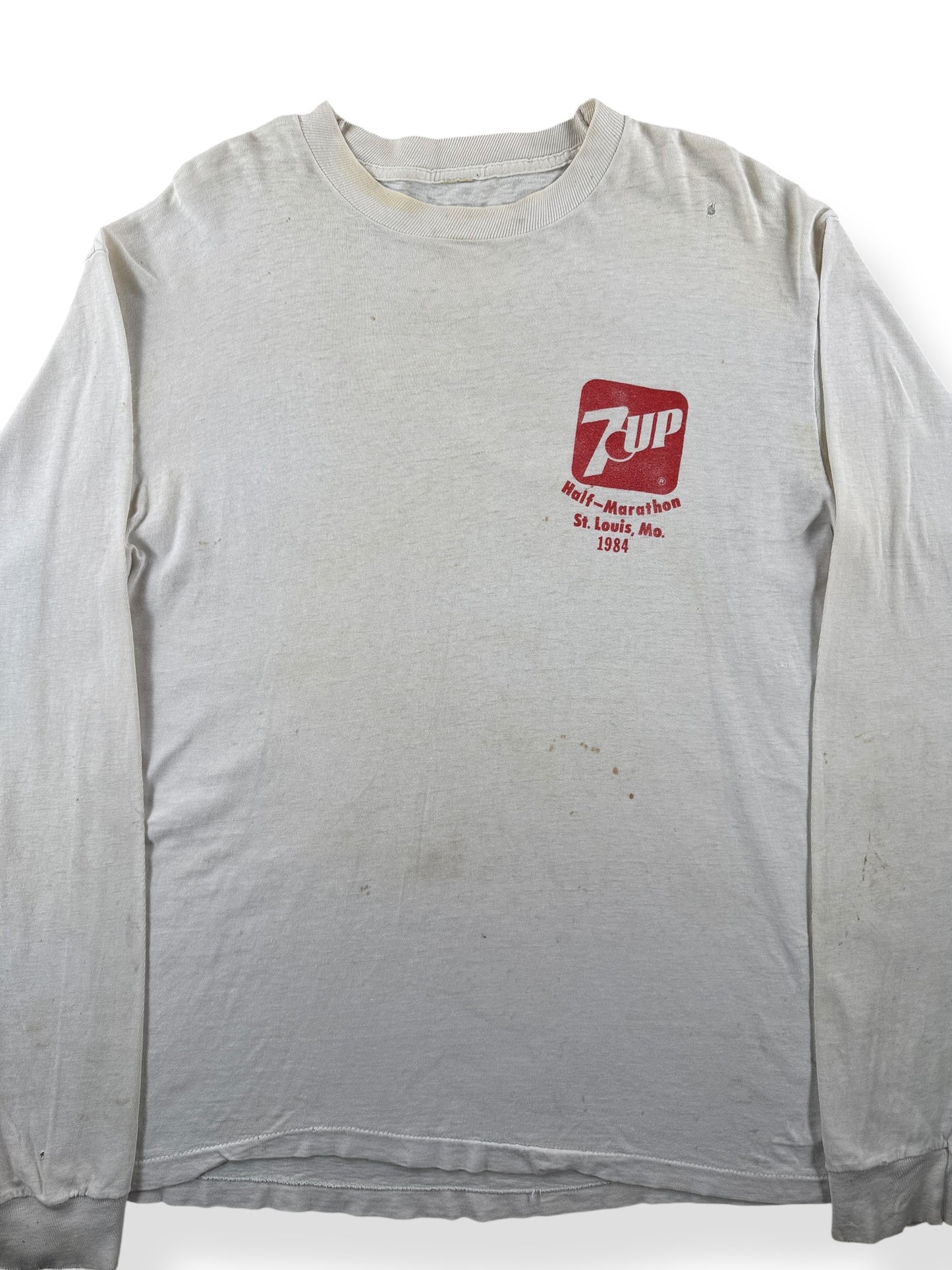 Front Close Up of Vintage 1984 7Up Half Marathon St Louis MO LS Tee SZ L