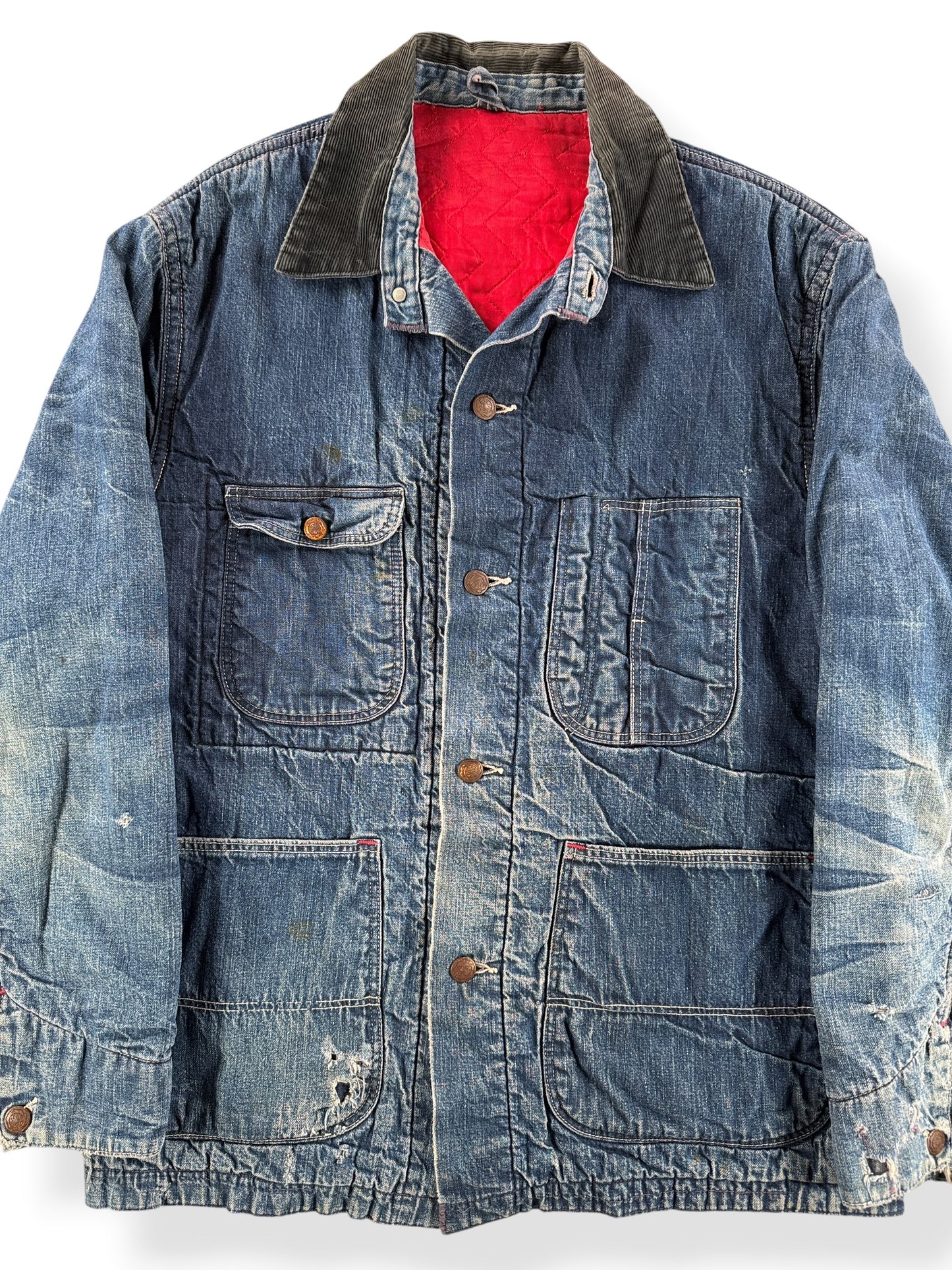 Front Close Up of Vintage 60s Quilt Lined Denim Chore Coat SZ 40