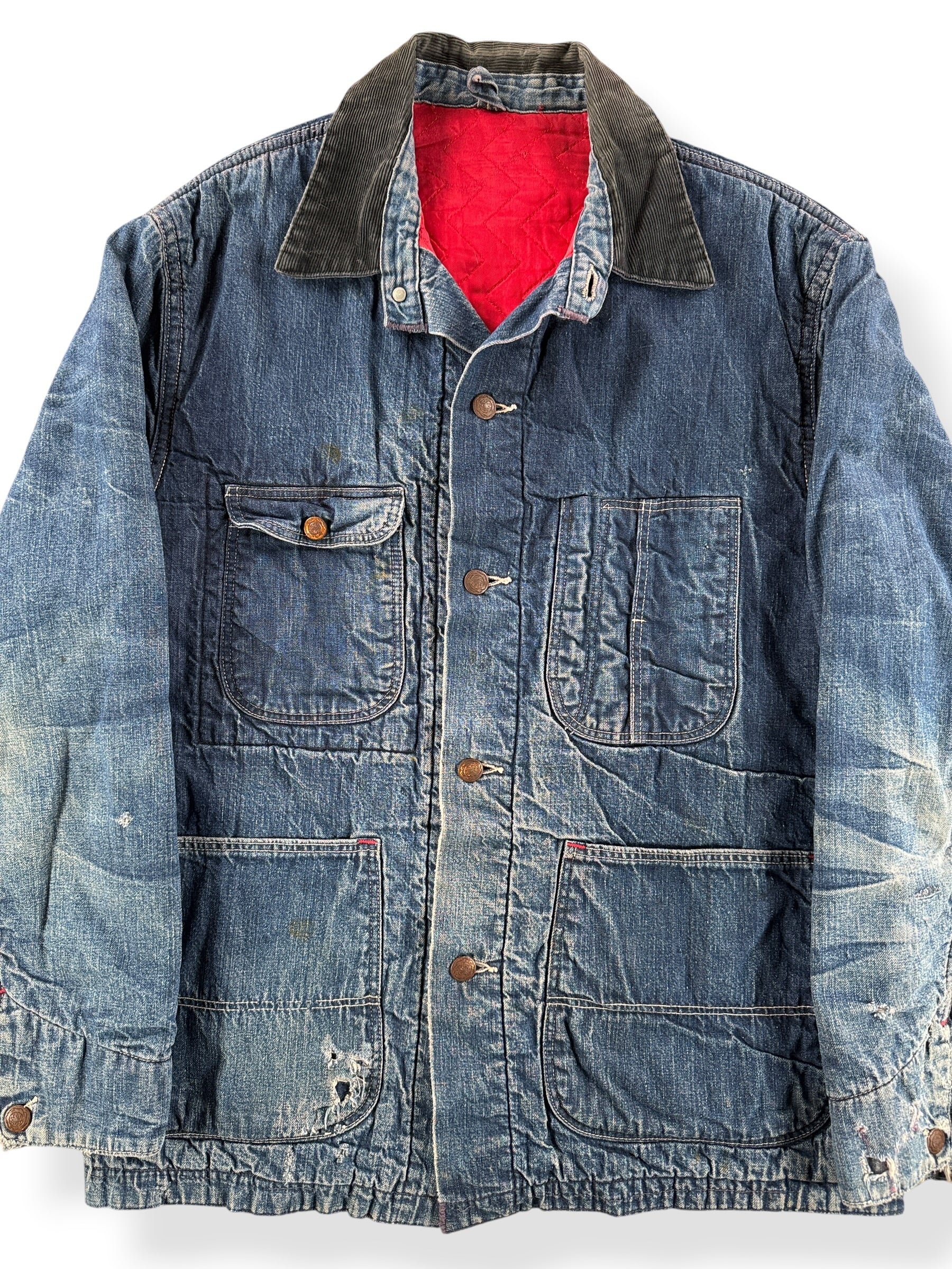 Front Close Up of Vintage 60s Quilt Lined Denim Chore Coat SZ 40