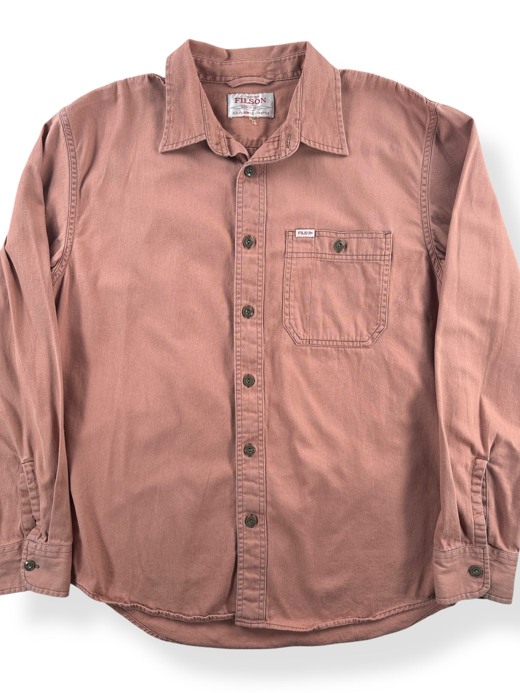 Front Close Up of Filson Sunburn Shipwright Fine Twill Shirt SZ M