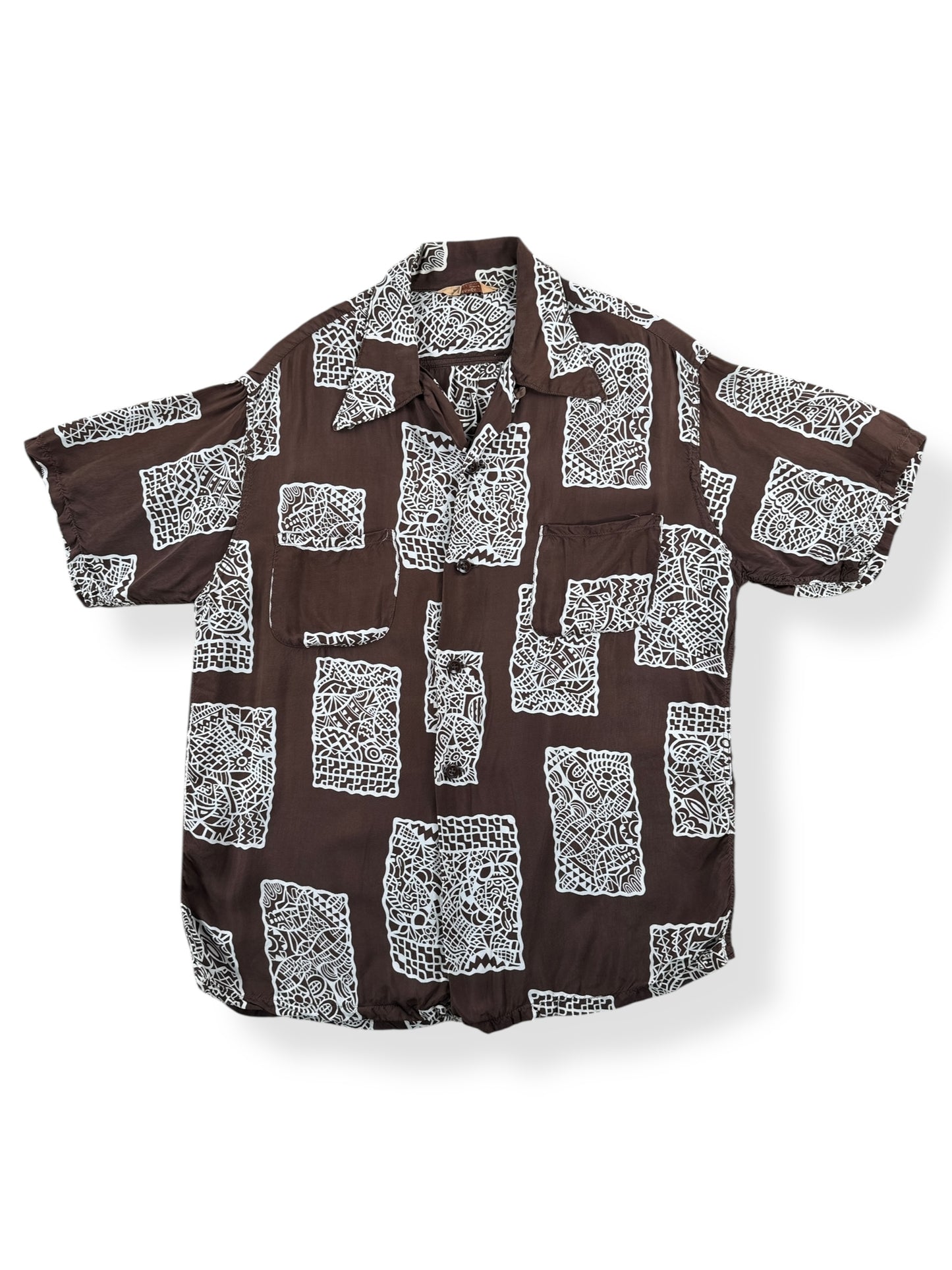 Front of Vintage Penney's Brown & White Patterned Aloha Shirt SZ M
