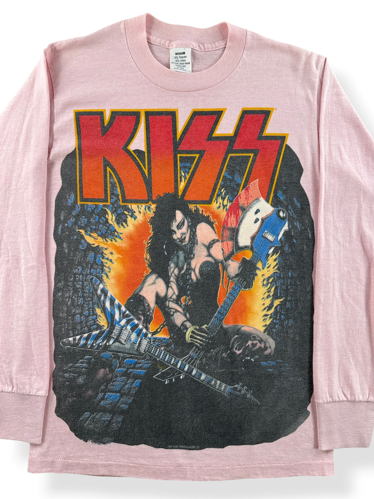 Front Close Up of Vintage 80s Kiss 'Slave Girl' Pink Longsleeve Baby Tee SZ S