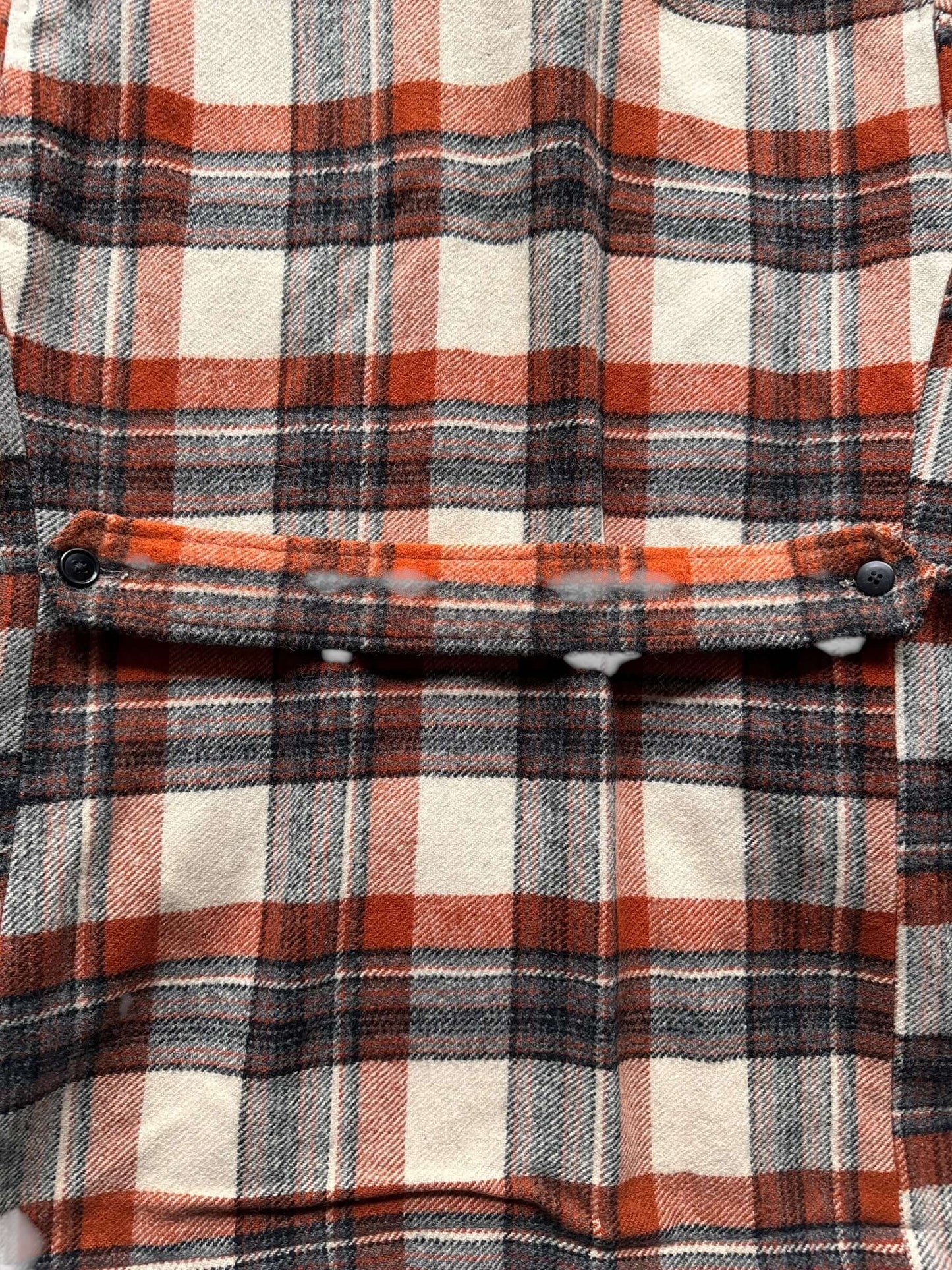 belt on back of Vintage Black Bear Orange Plaid Zip Up Wool Jacket SZ 46