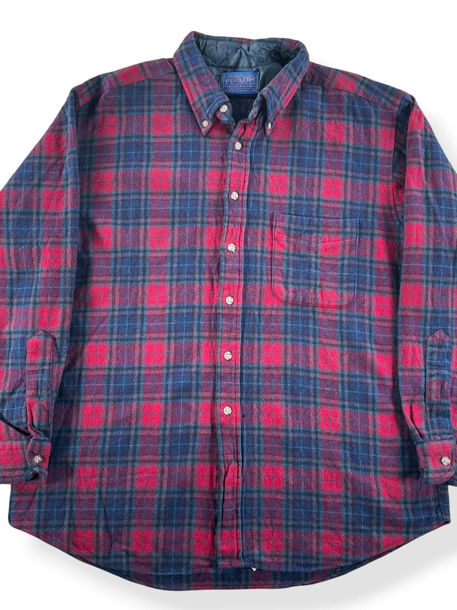Front Close Up of Vintage Navy & Burgundy Pendleton Flannel SZ XL (Fits L)