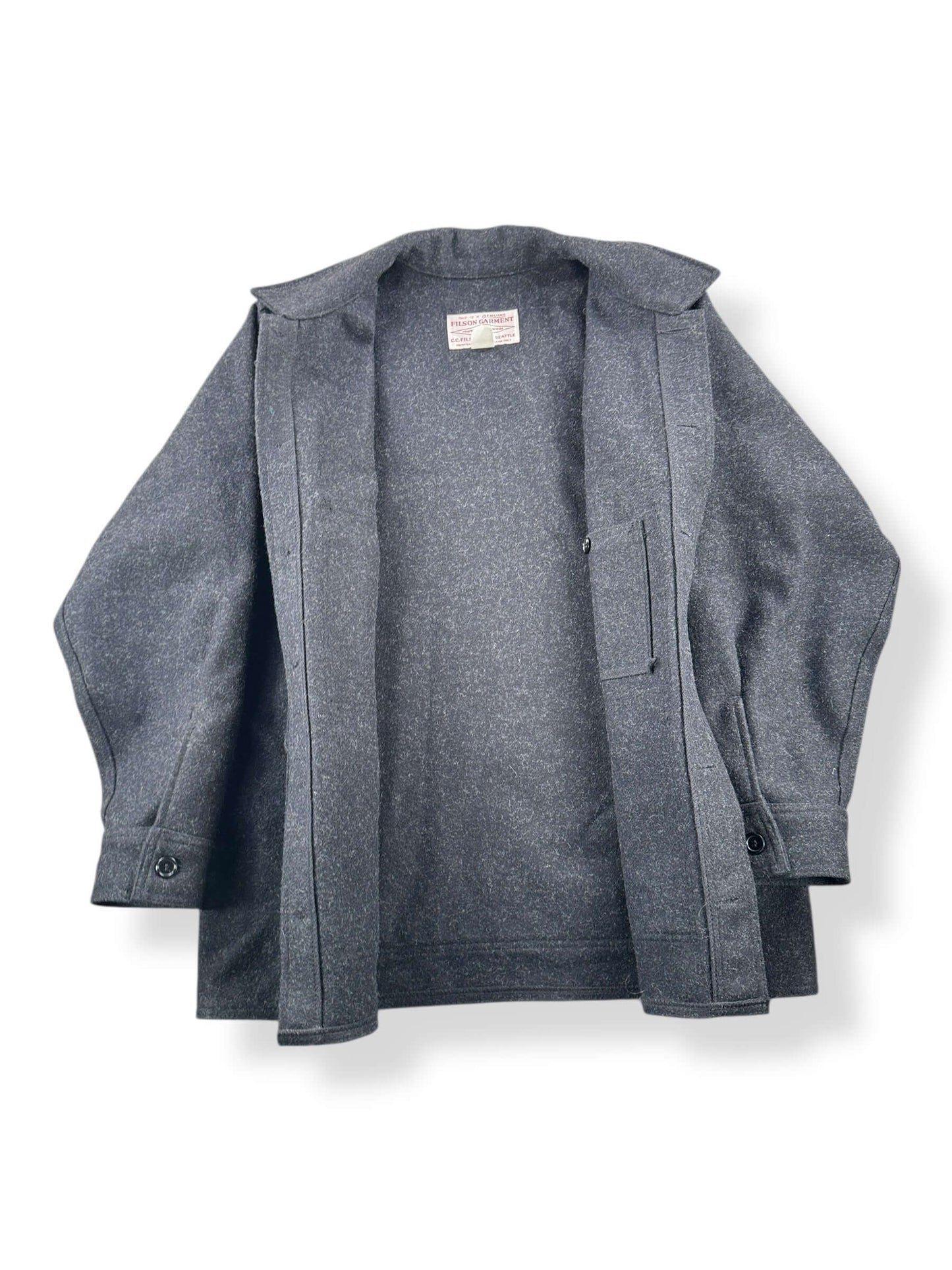 Inside of Filson Mackinaw Charcoal Jacket SZ 42