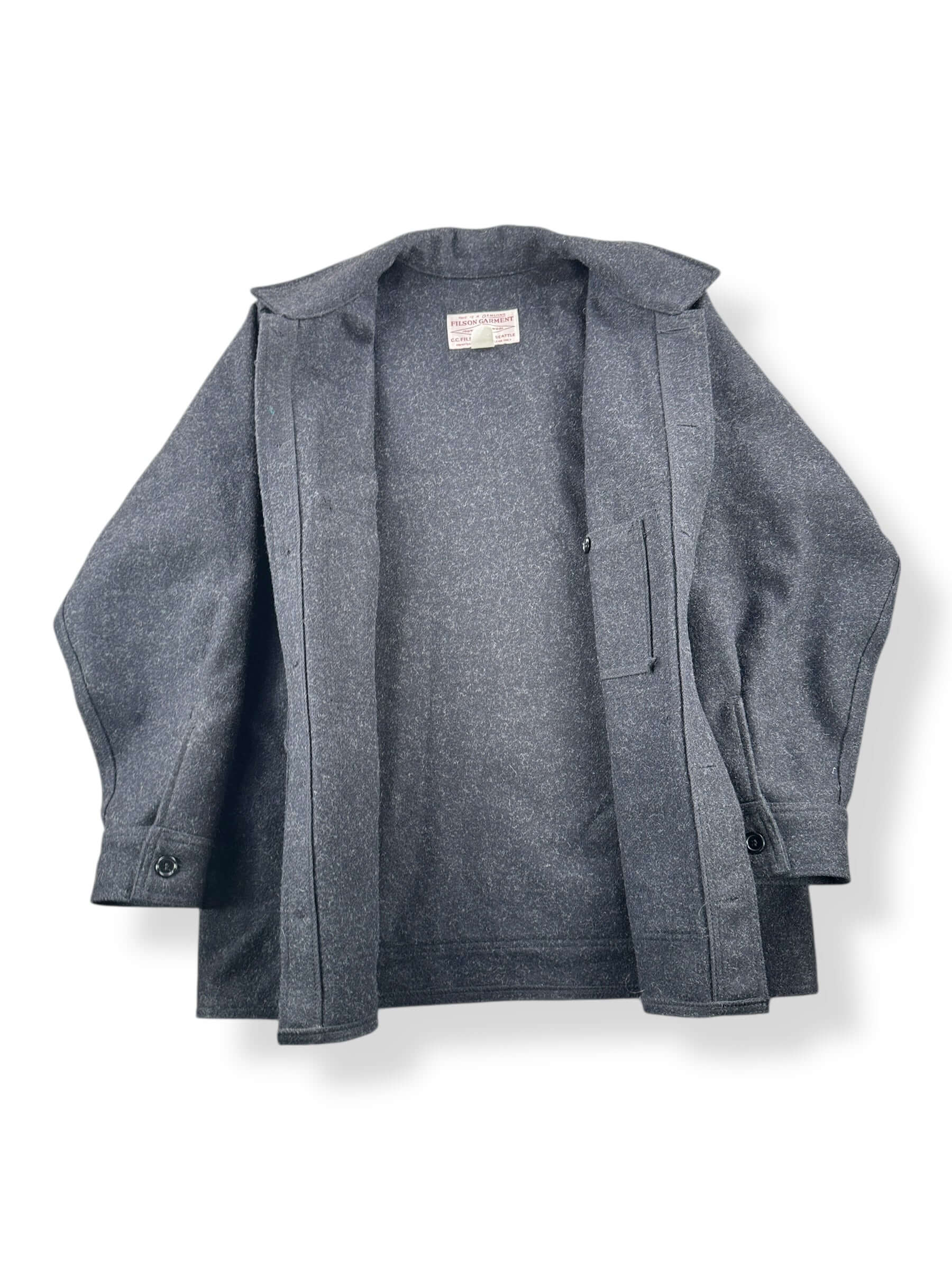 Inside of Filson Mackinaw Charcoal Jacket SZ 42