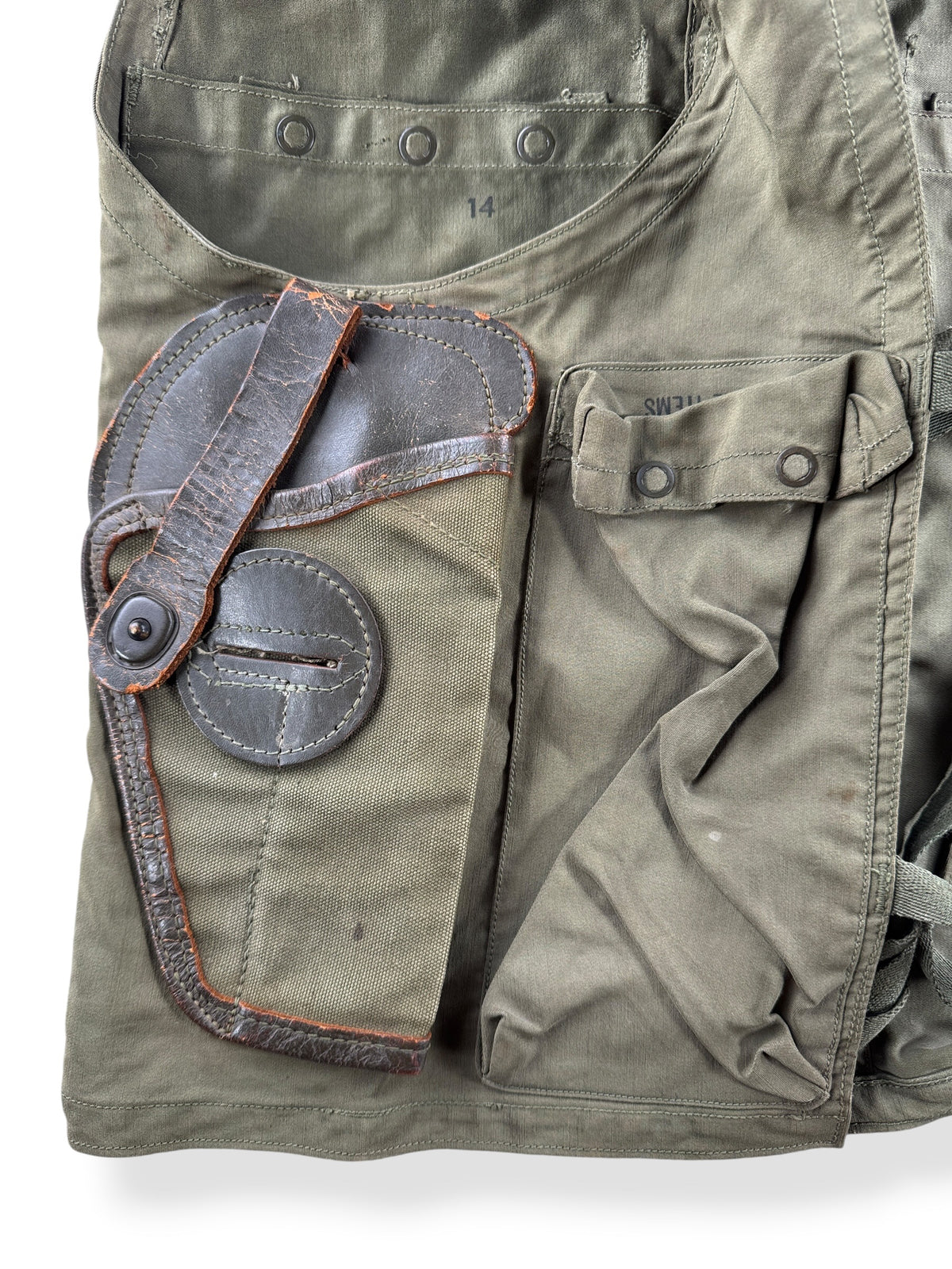 Side-arm holster on back of Vintage WWII US Army Air Forces Flight Survival Vest SZ S