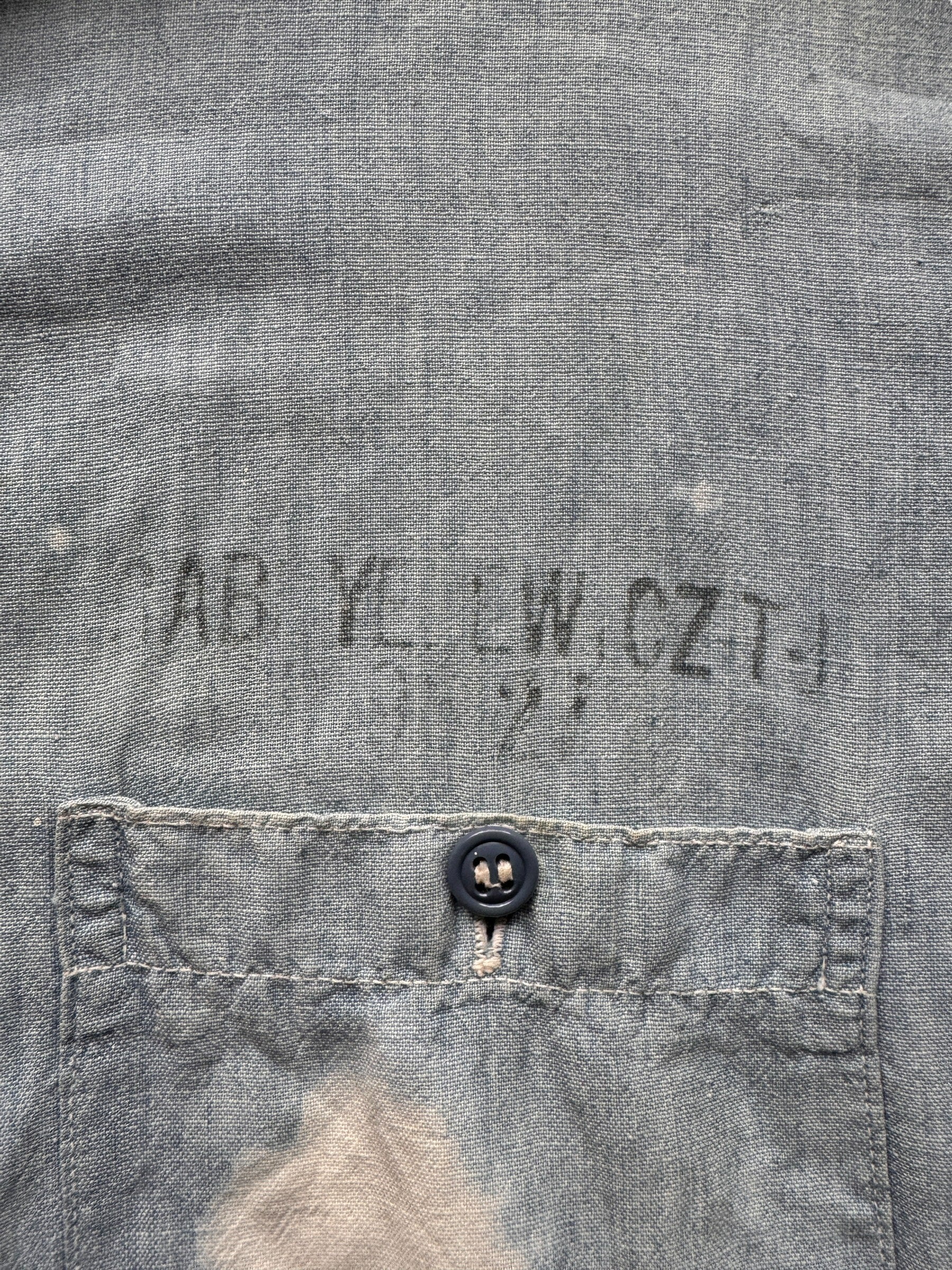 stencil above pocket on Vintage Bleach Splattered USN Chambray Shirt SZ XL