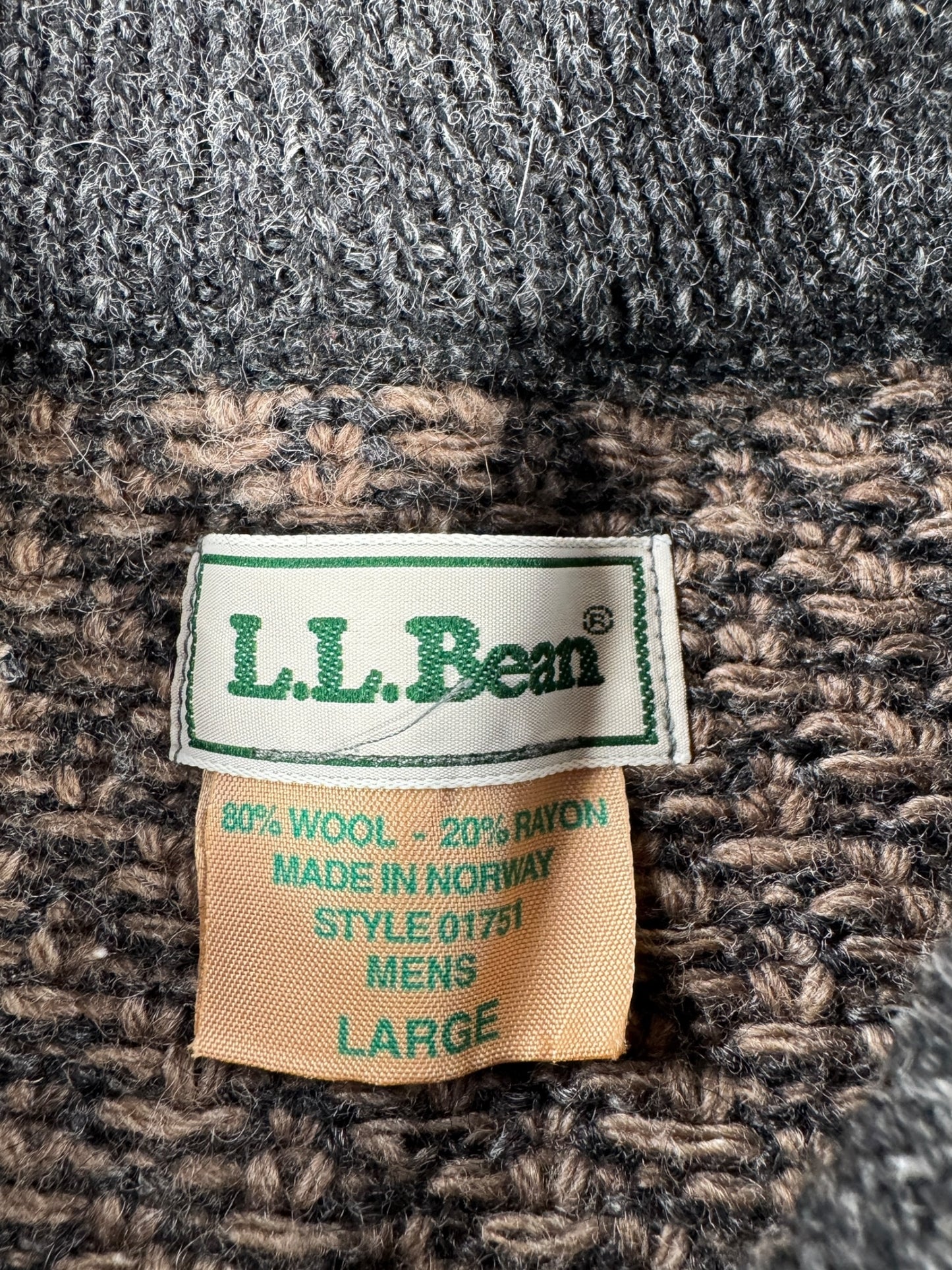 Label on Vintage Brown & Grey L.L. Bean Nordic Birdseye Sweater SZ L
