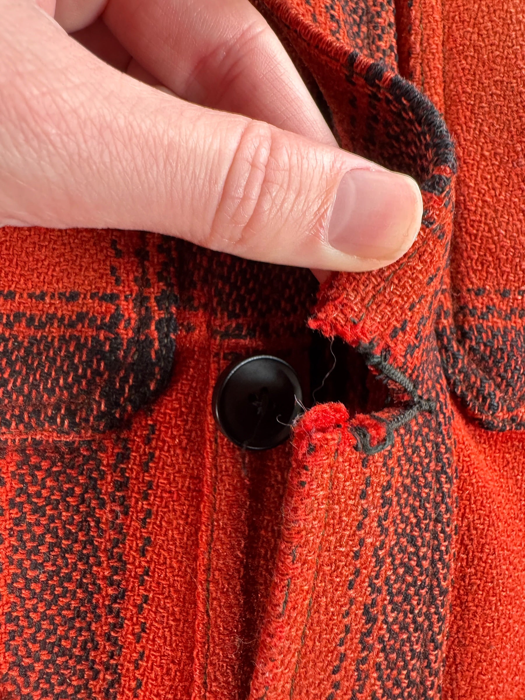 Cut Button Hole on Vintage 50s Era Filson 75% Red Hunter Jacket SZ L