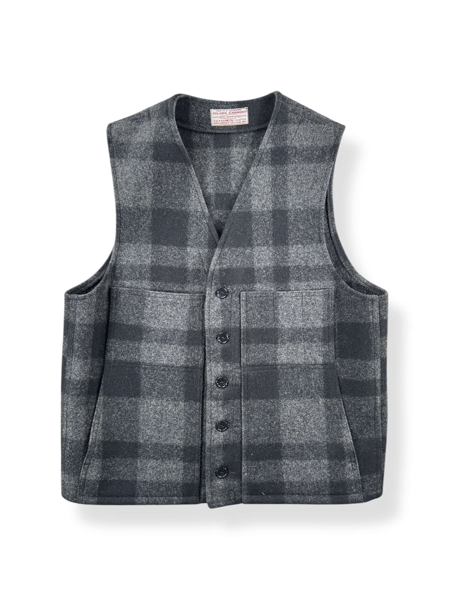 Front of Vintage Filson Charcoal Plaid Mackinaw Vest SZ M