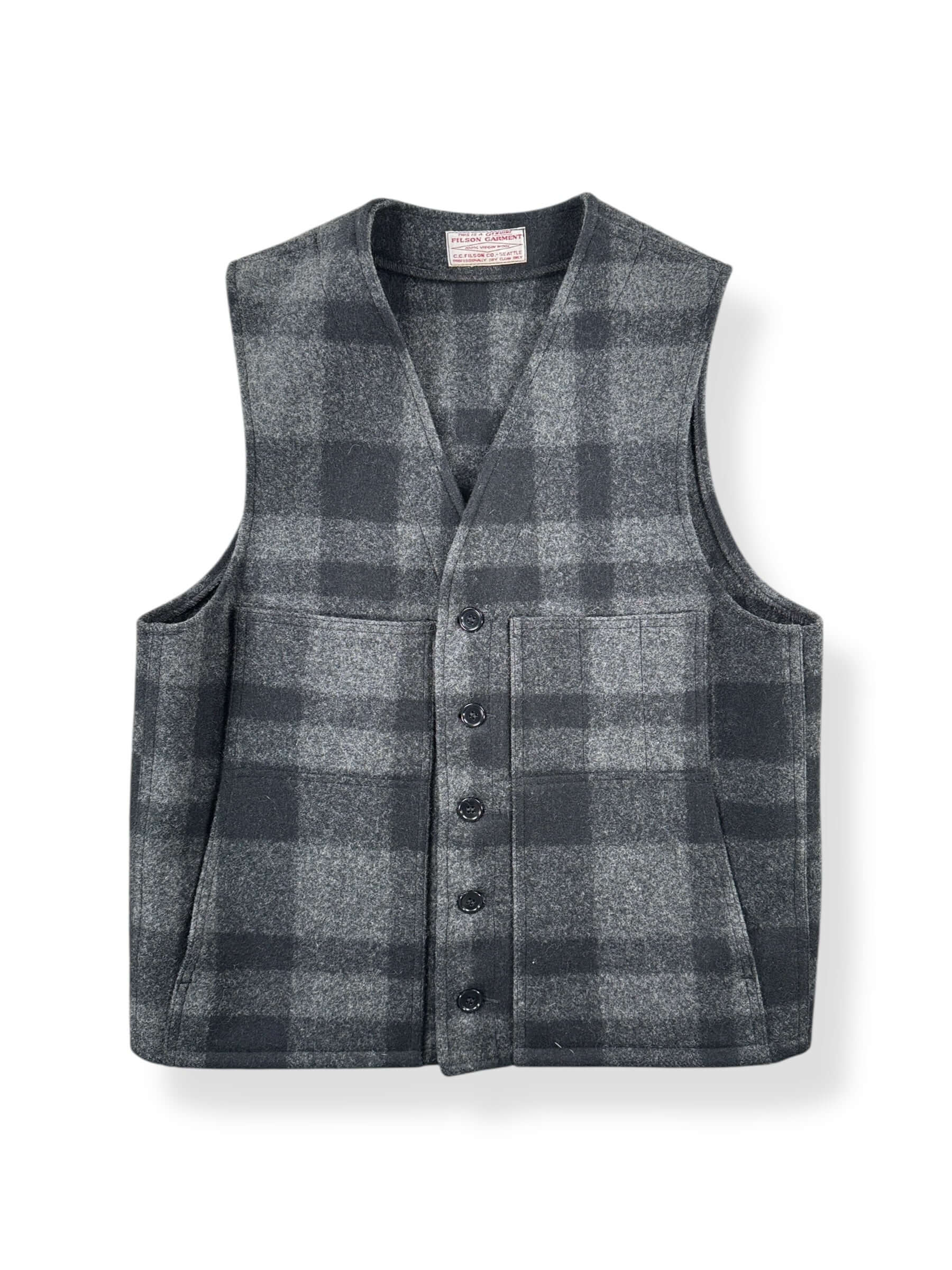 Front of Vintage Filson Charcoal Plaid Mackinaw Vest SZ M