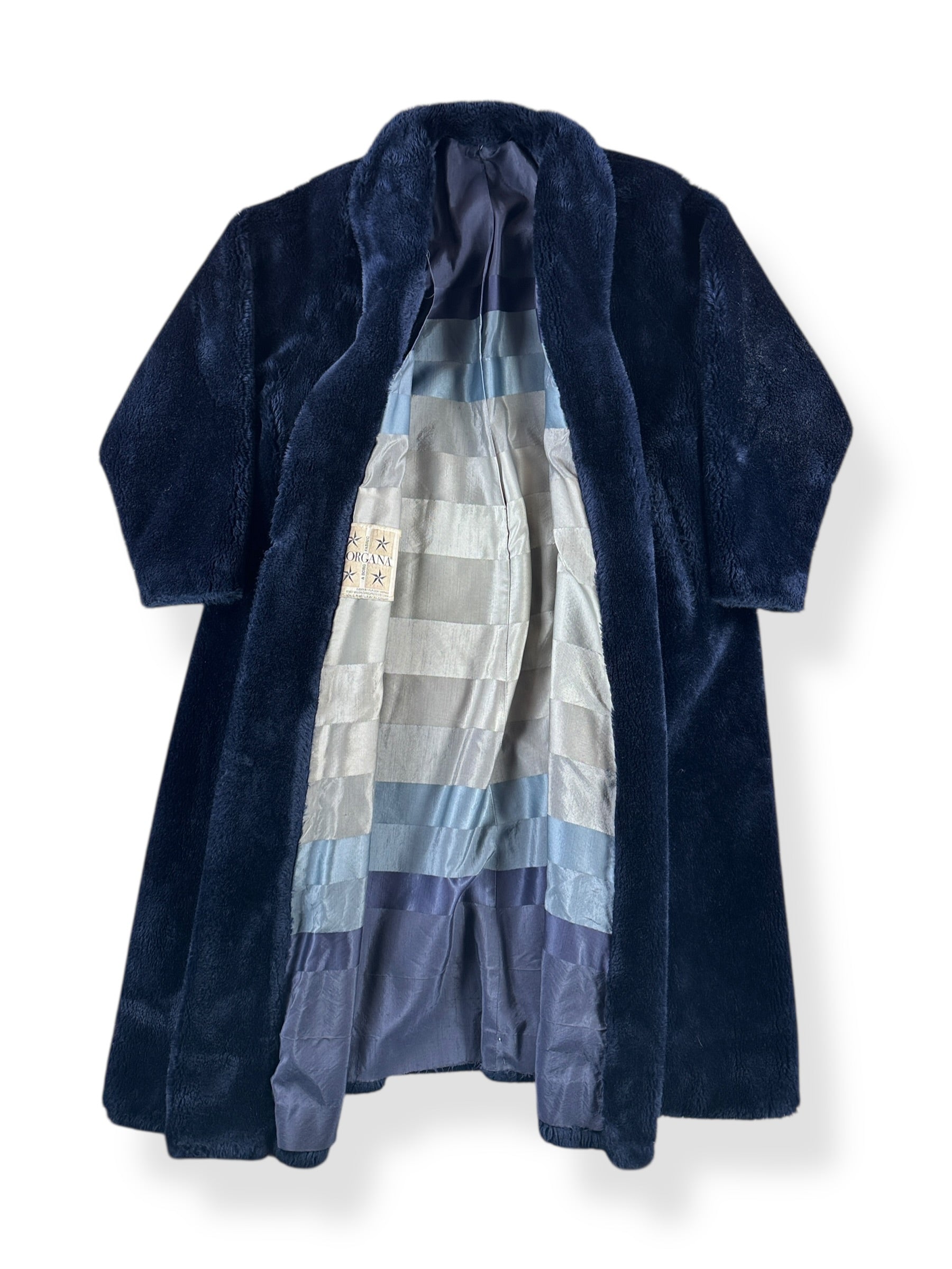 Inside of Vintage 70s Organa Blue Faux Fur Coat SZ XL