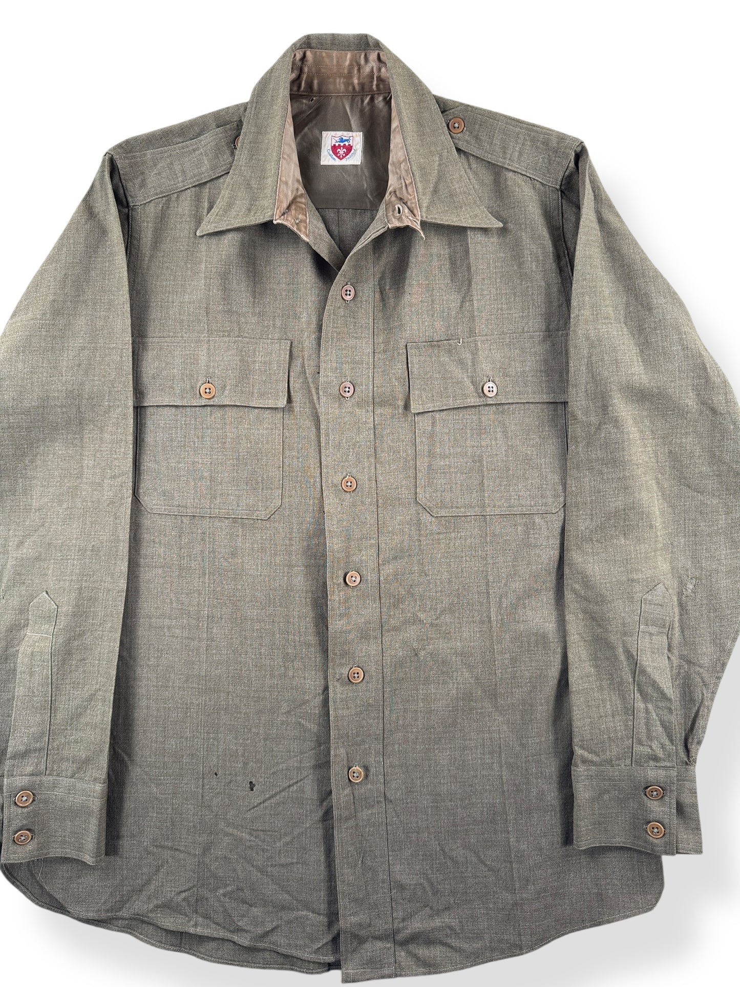 Front Close Up of Vintage Wool Military Button Up Top SZ L AS IS