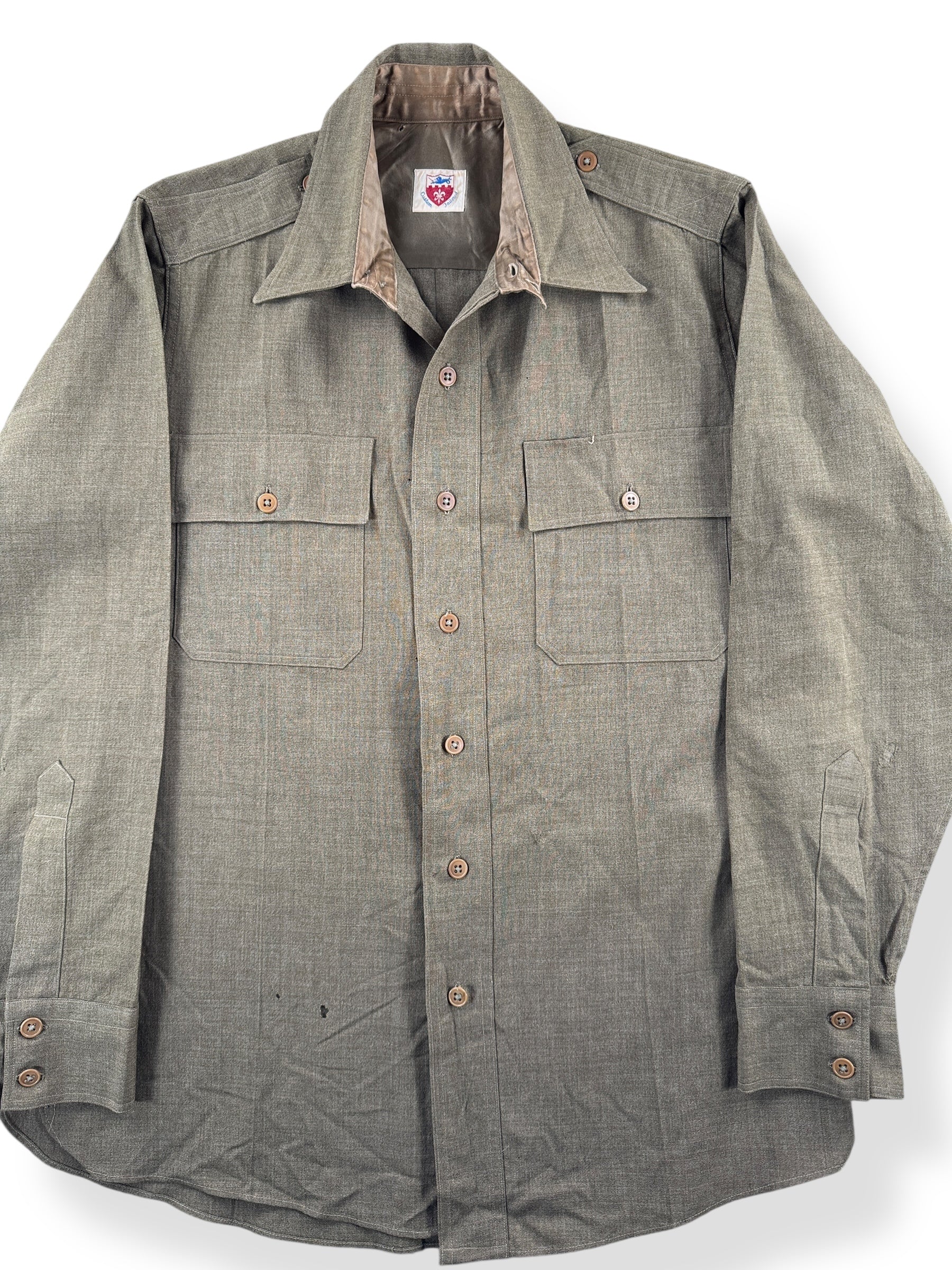 Front Close Up of Vintage Wool Military Button Up Top SZ L AS IS