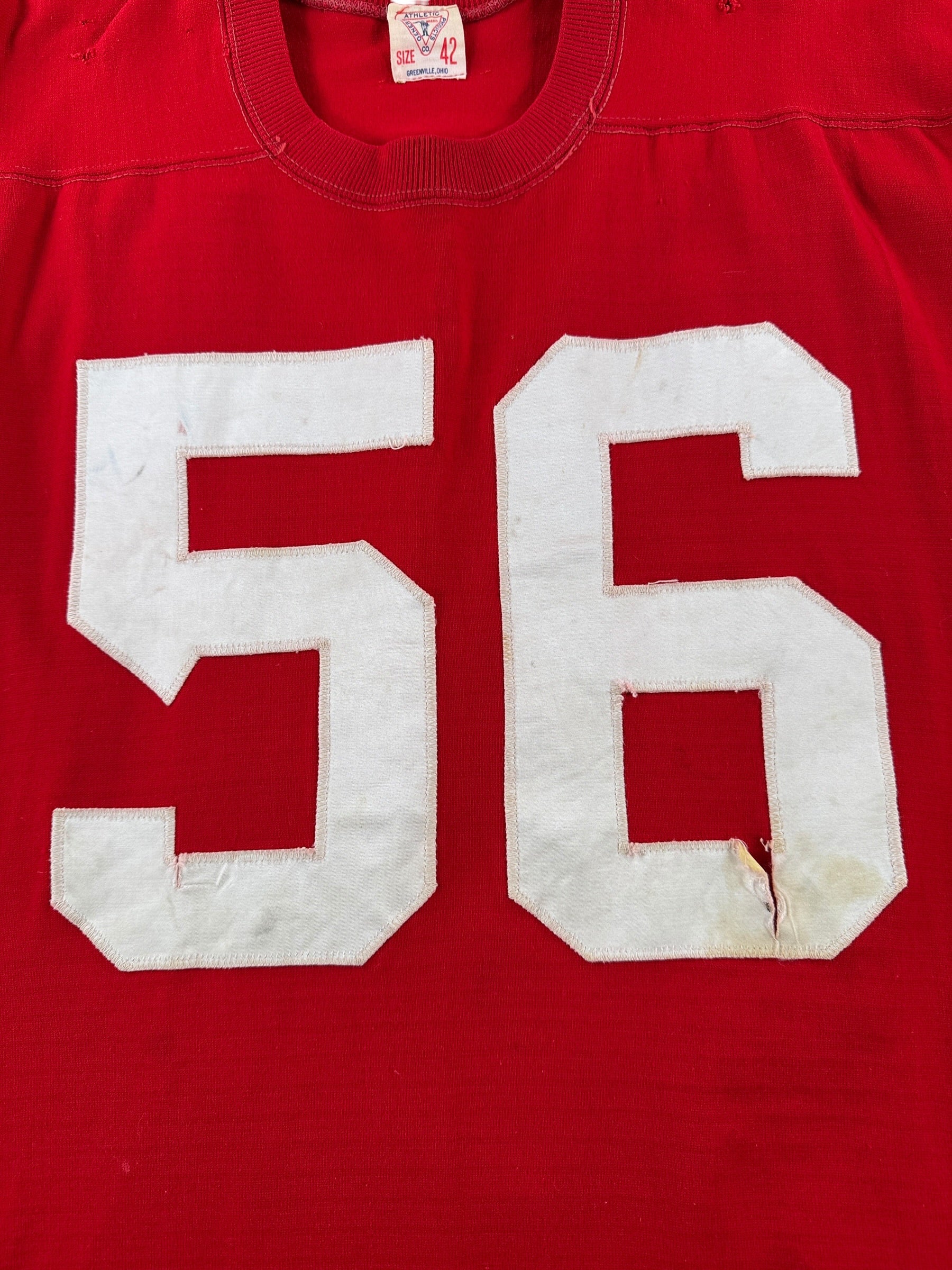 56 on Vintage General Athletic Products Red "56" Durene Jersey SZ 42 (Fits M)