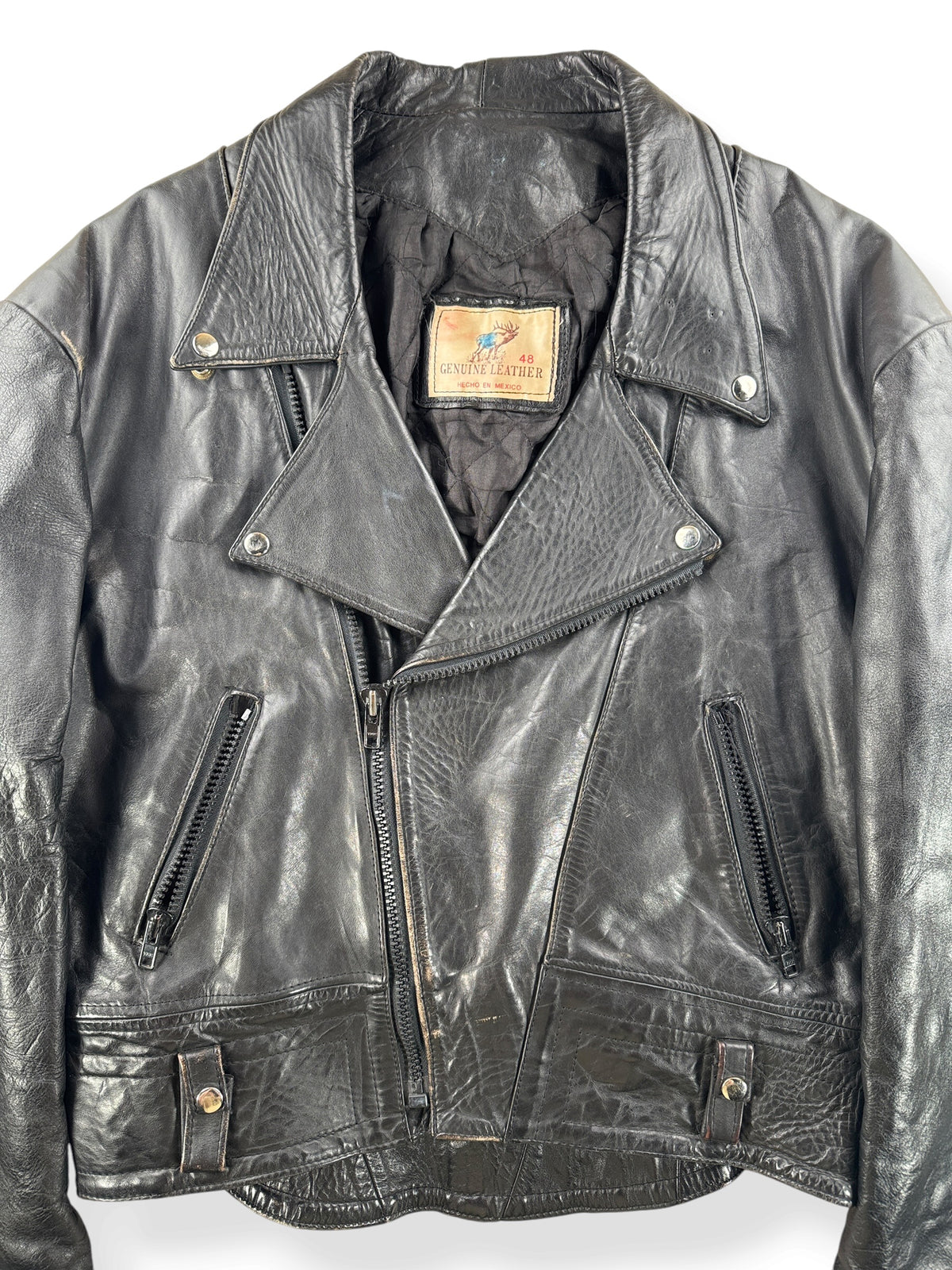 Close-up of Vintage Made in Mexico Leather Biker Jacket SZ 48