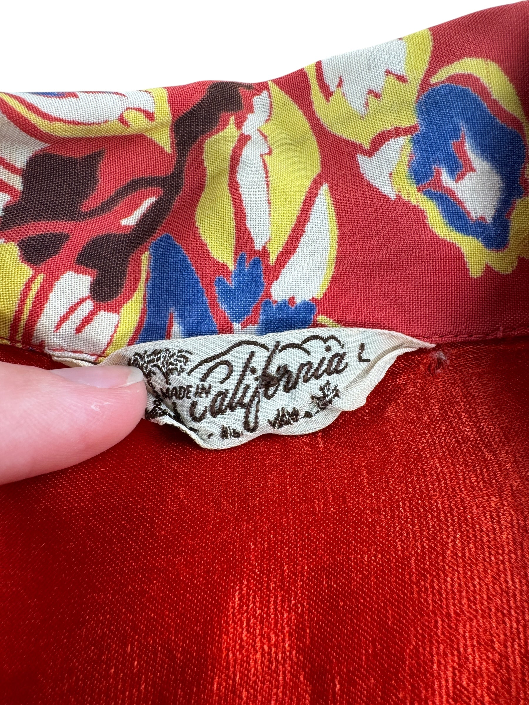 Tag on Vintage Made in California Red Floral Rayon Aloha Shirt SZ M