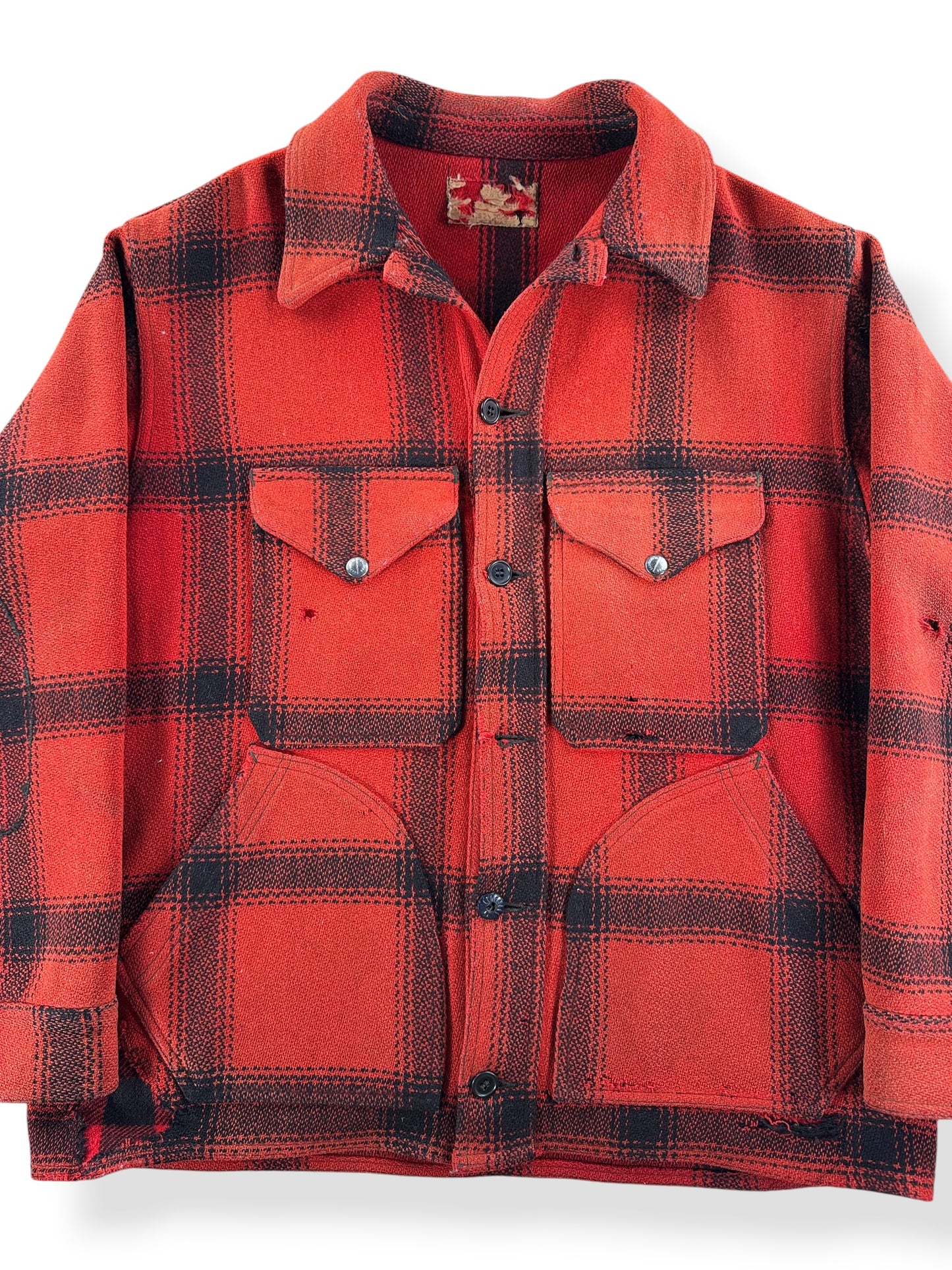 Front Close Up of Vintage 50s Era Filson 75% Red Hunter Jacket SZ L