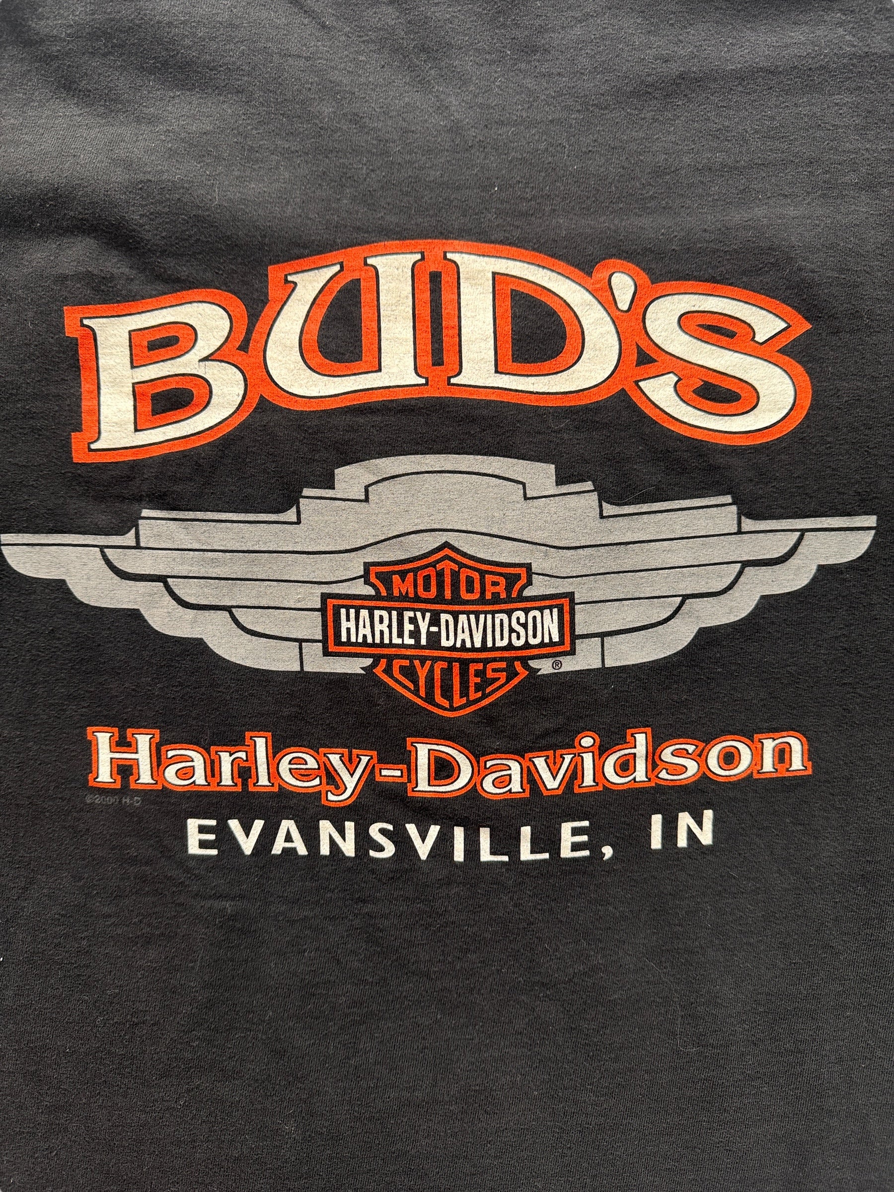 back graphic of Vintage Bud's of Evansville IN Harley Tee SZ L