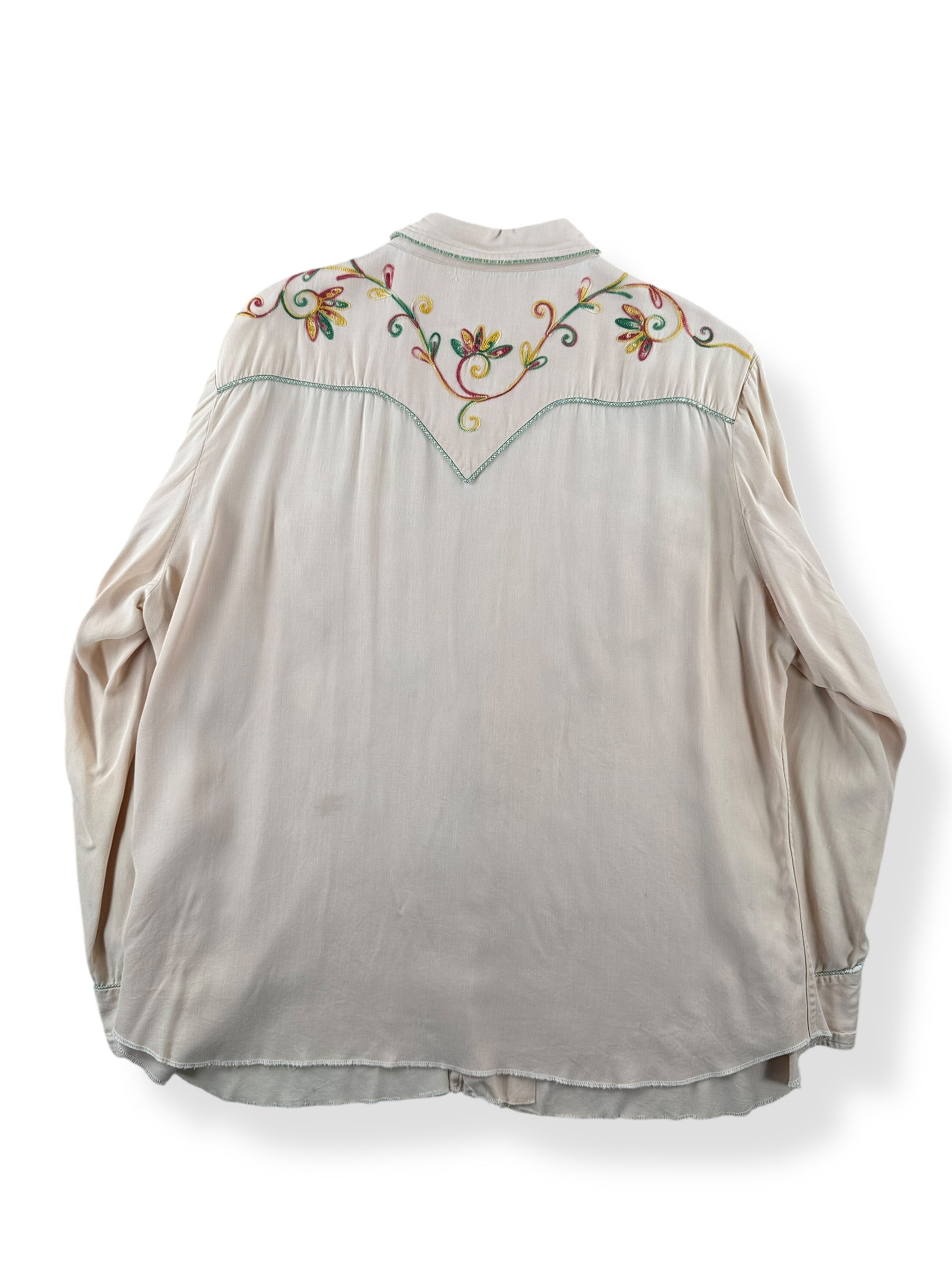 Back of Vintage California Ranchwear Rayon Gabardine Embroidered Pearl Snap SZ XL