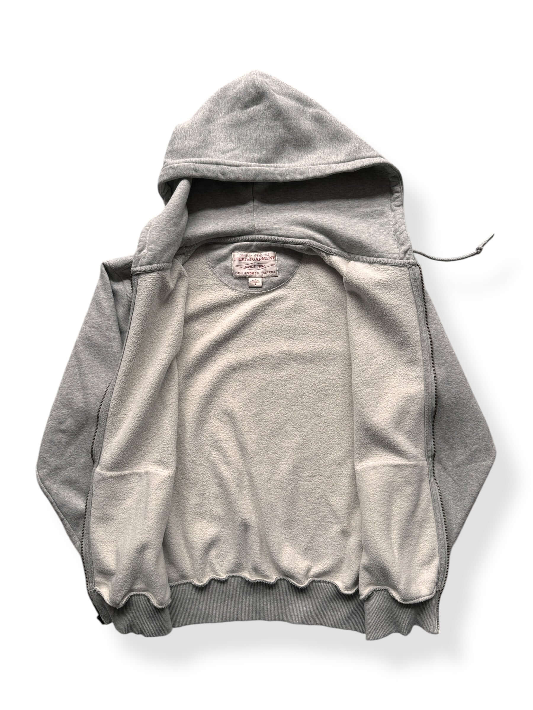 Inside of Filson Heather Grey Prospector Zip Up Hoodie SZ S