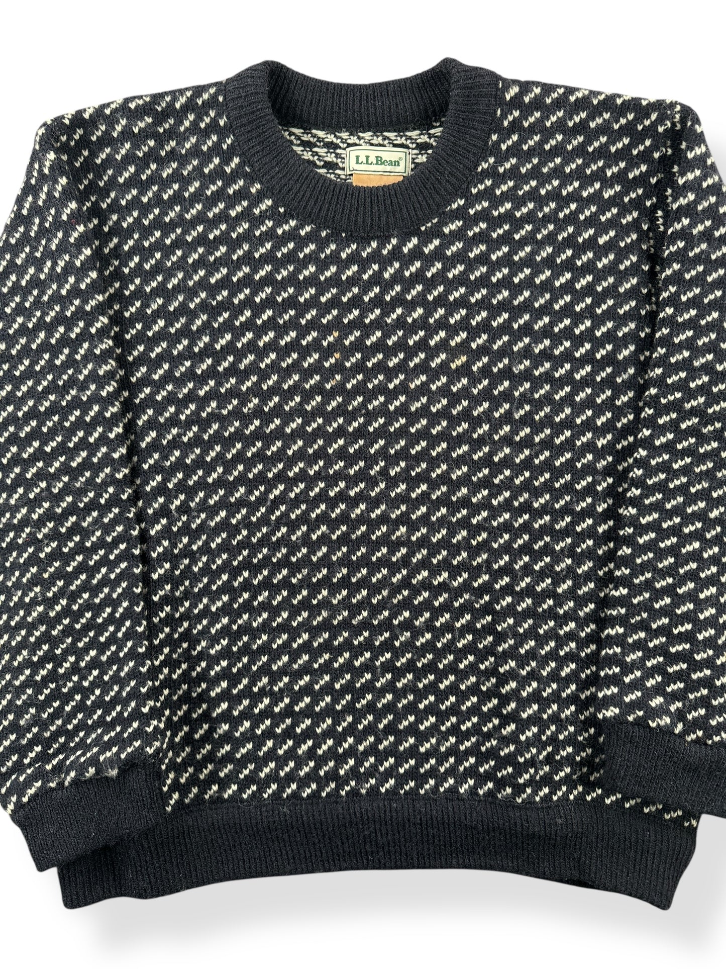 Front Close Up of Vintage Ladies LL Bean Birdseye Sweater Black & White SZ L