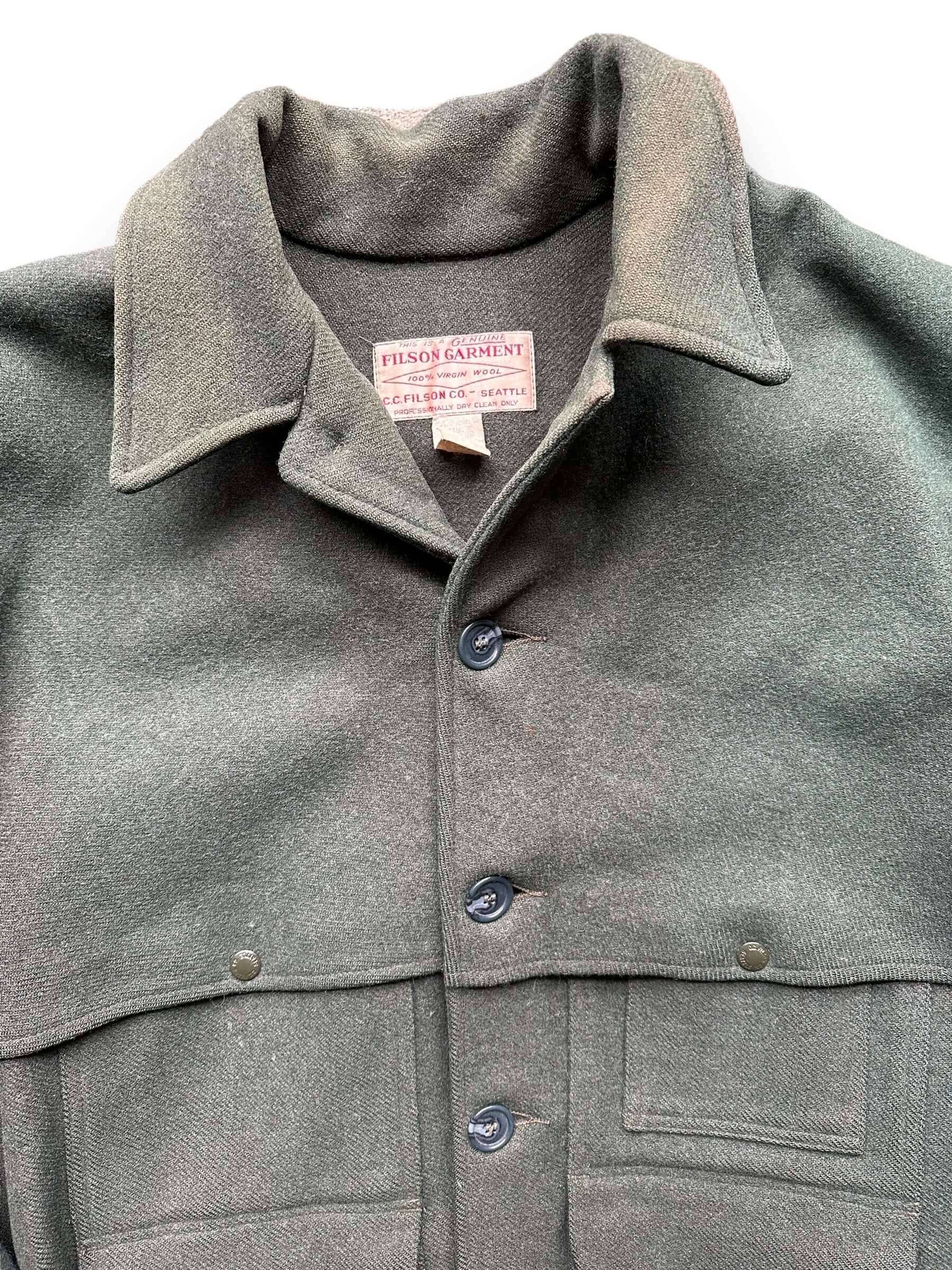 Upper Front Chest View of Vintage Filson Forest Green Double Mackinaw Cruiser SZ 48 |  Vintage Filson Workwear Seattle