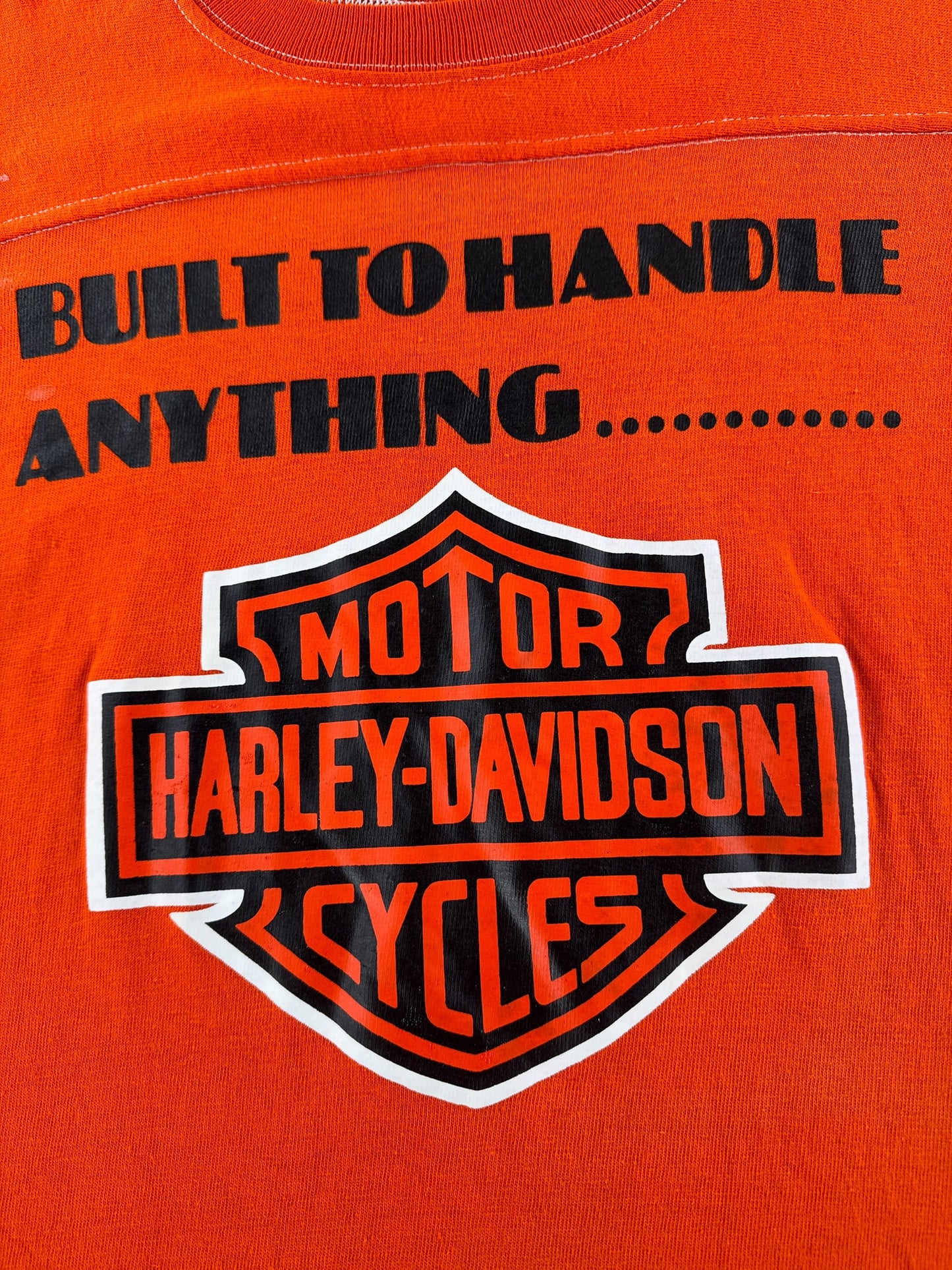 Graphic of Vintage Orange Champion Blue Bar Built to Handle Anything Harley Tee SZ L (Fits M)