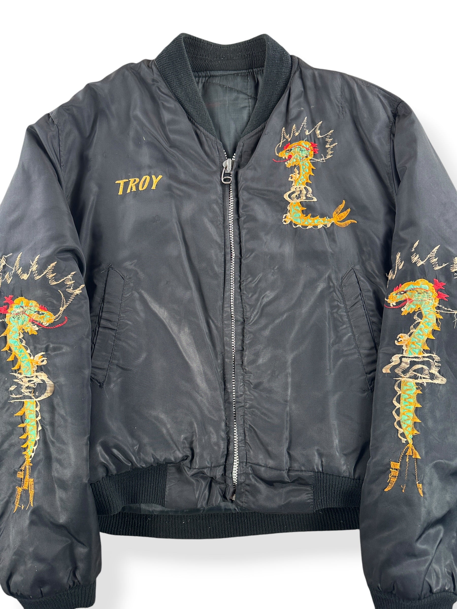 Closeup of Vintage '78 Korea 'Troy' Souvenir Jacket SZ L - AS IS