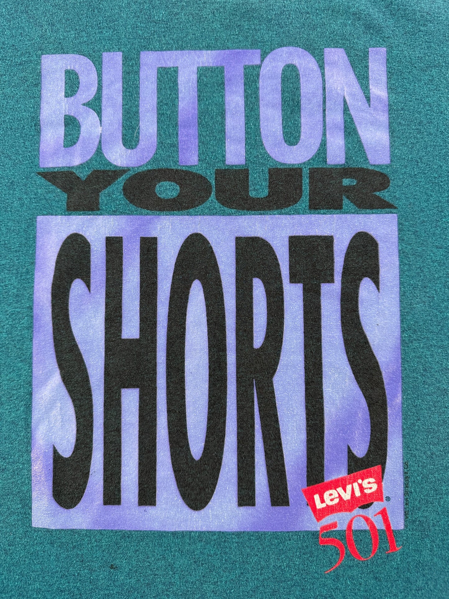 Graphic of Vintage Levi's 501 Button Your Shorts Tee SZ L