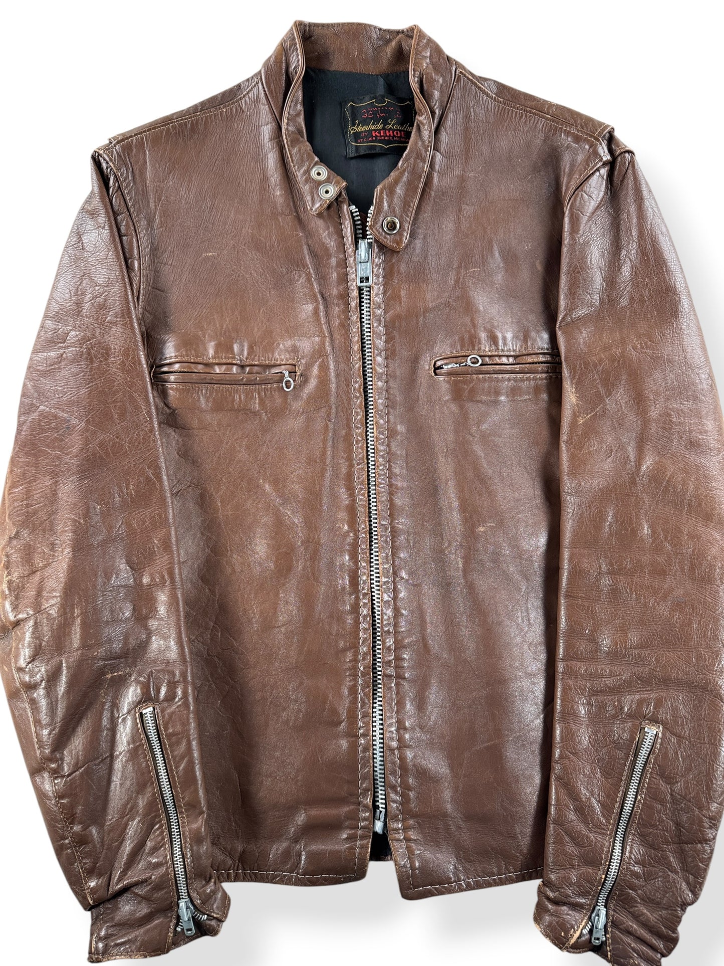 Front Close Up of Vintage Kehoe Cafe Racer Style Leather Jacket SZ M