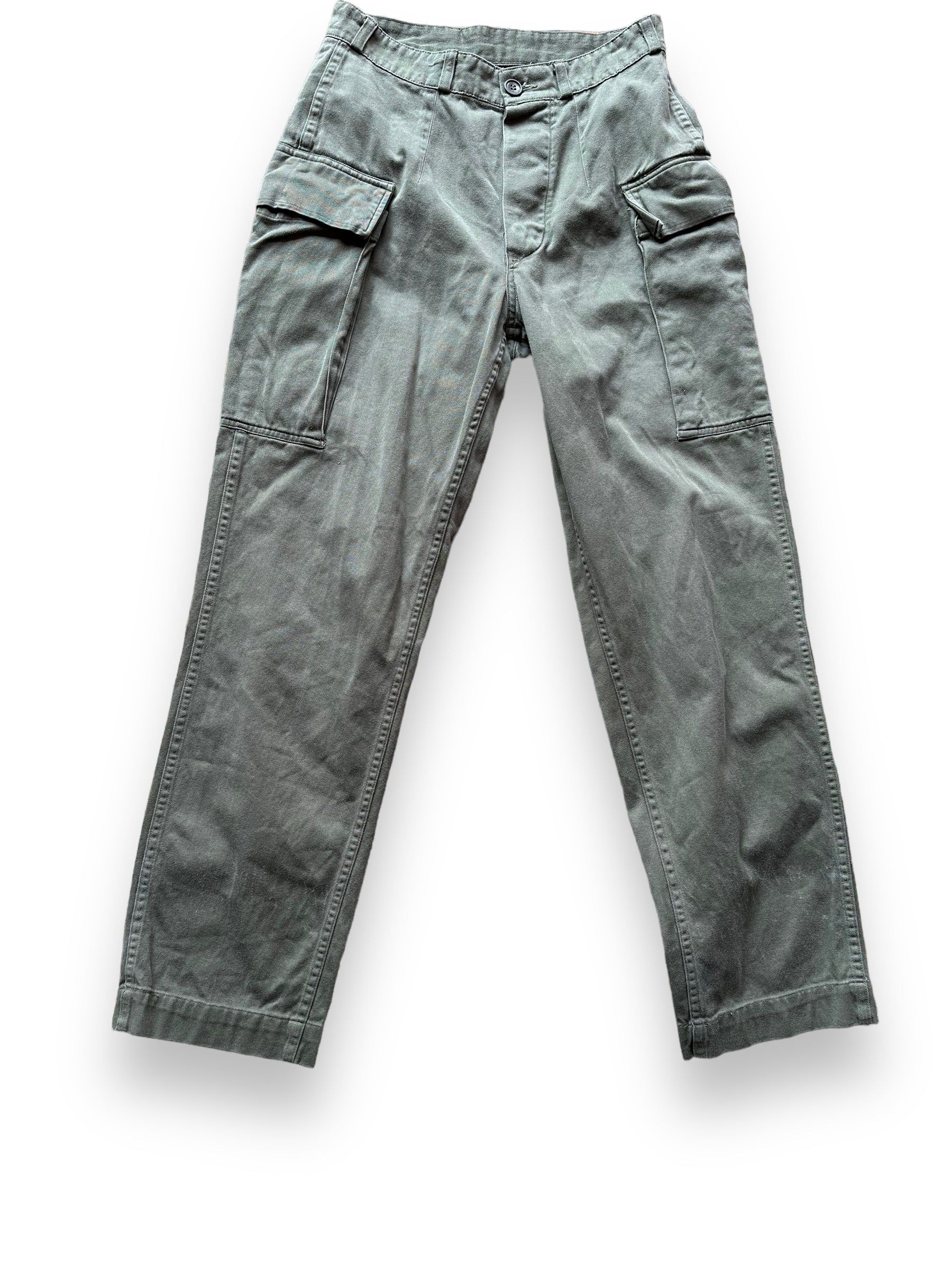 Front View of Vintage European Workwear Cotton Trousers Olive Drab W28 | Barn Owl Vintage Seattle | Vintage Workwear Trousers Seattle