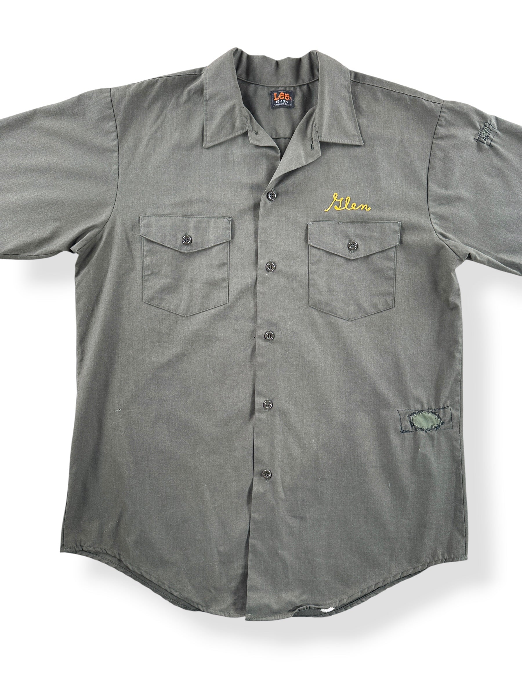 Front Close Up of Vintage 50's Lee Drennen Motors Mechanic Shirt SZ M