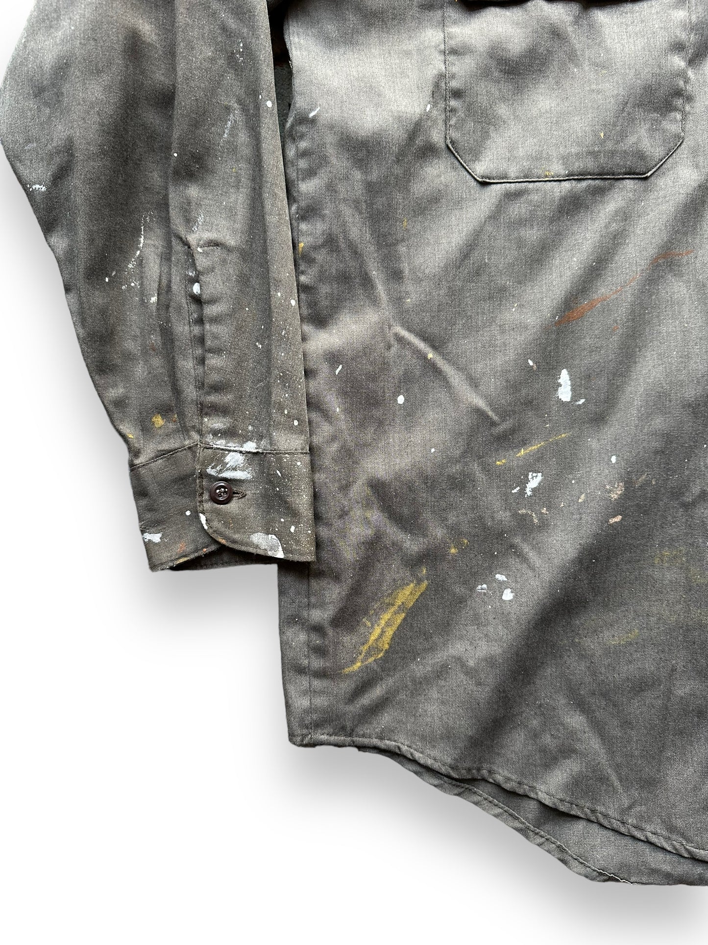 Lower Front Right View of Paint Splatters on Vintage Montgomery Ward Work Shirt SZ L | Vintage Painter Shirt Seattle | Barn Owl Vintage Seattle