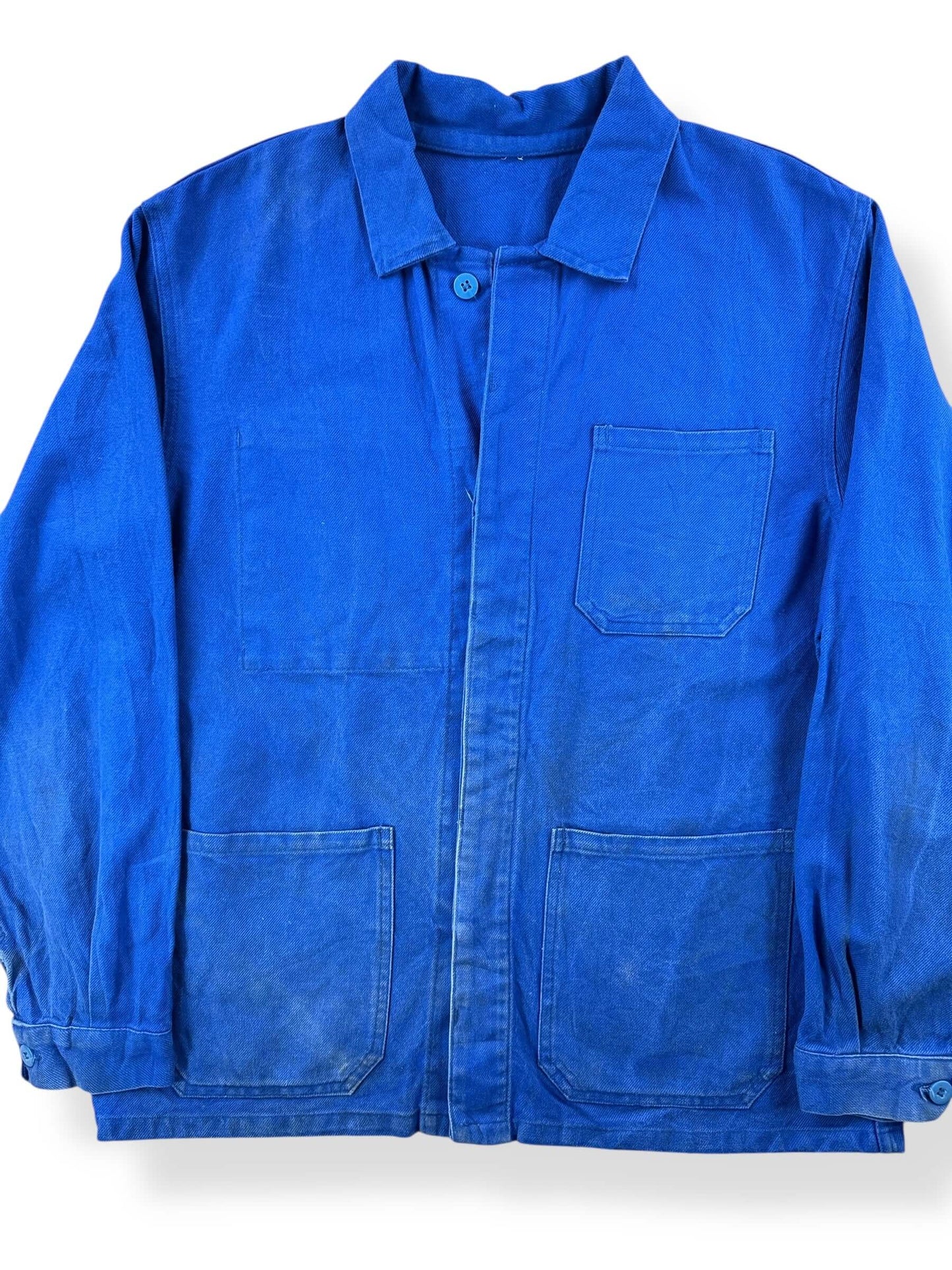 Front Close Up of Vintage Royal Blue French Chore Coat SZ M