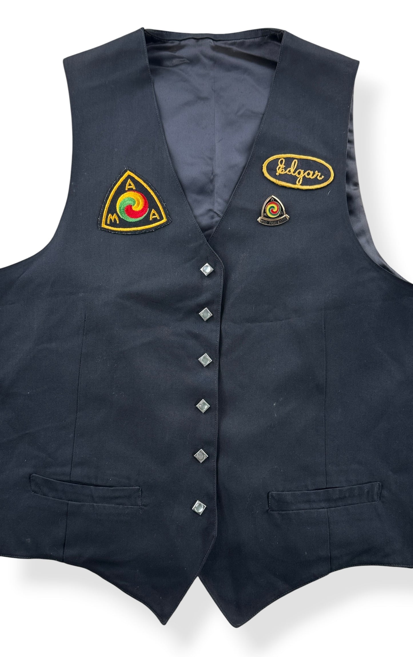Close-up of Vintage Hummingbirds "Edgar" Motorcycle Club Member Vest SZ M