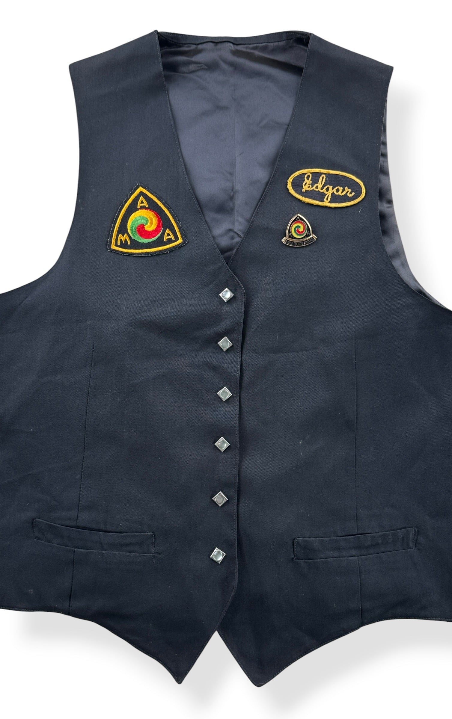 Close-up of Vintage Hummingbirds "Edgar" Motorcycle Club Member Vest SZ M