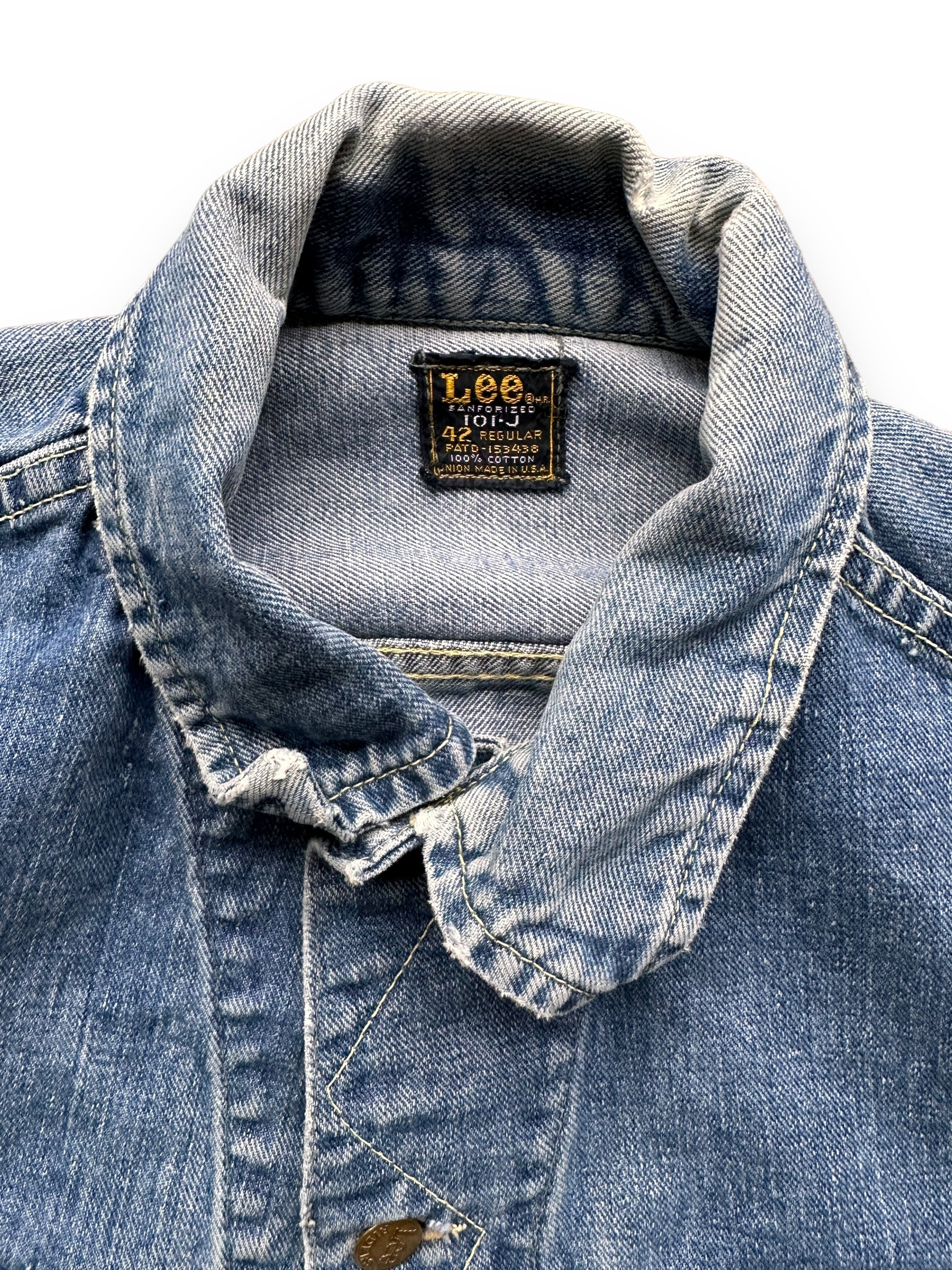 Size Tag View of Vintage Lee 101-J Denim Jacket SZ 42 | Vintage Denim Workwear Seattle | Seattle Vintage Denim