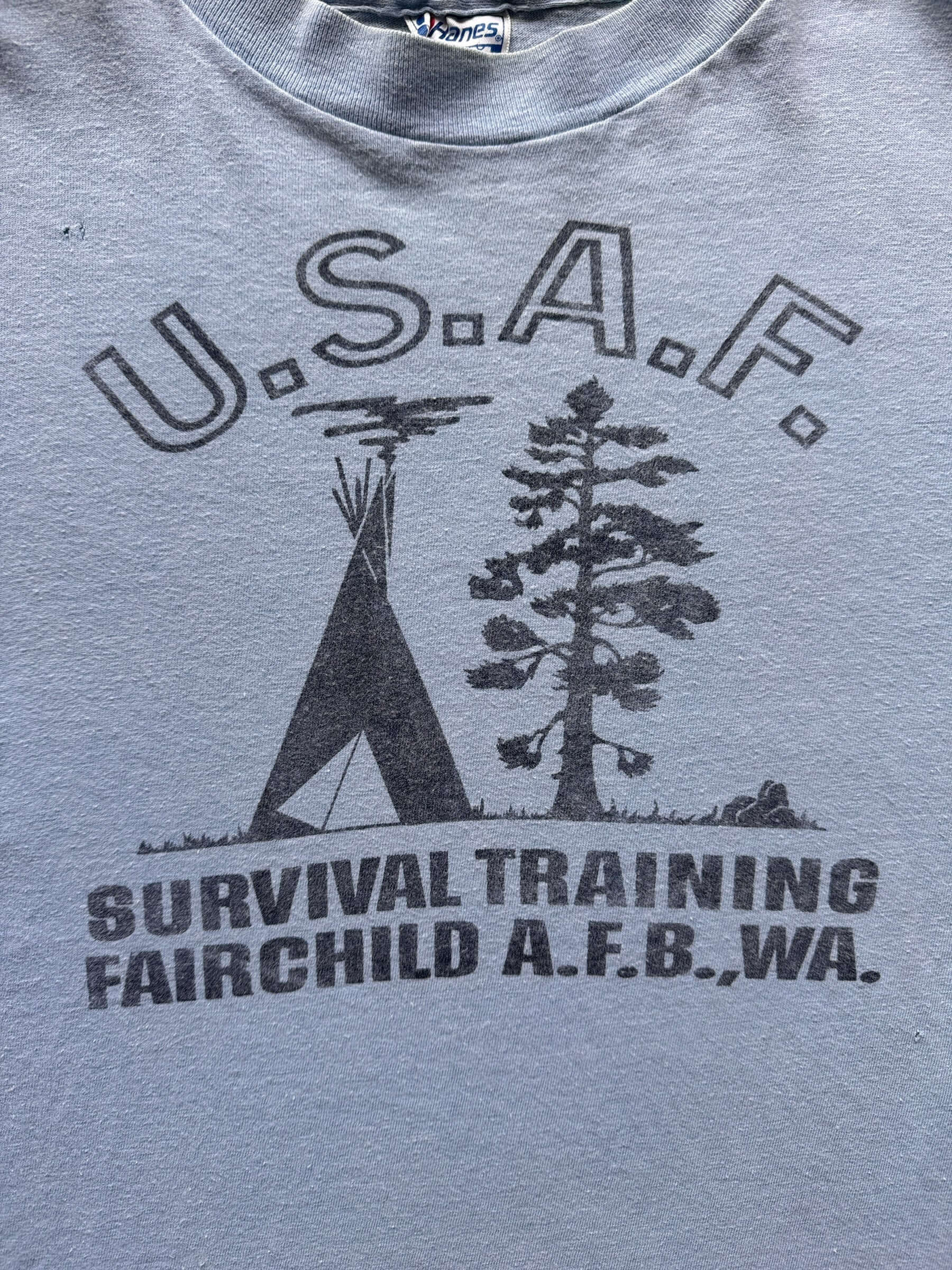 front graphic of Vintage USAF Survival Training Camp Tee SZ L