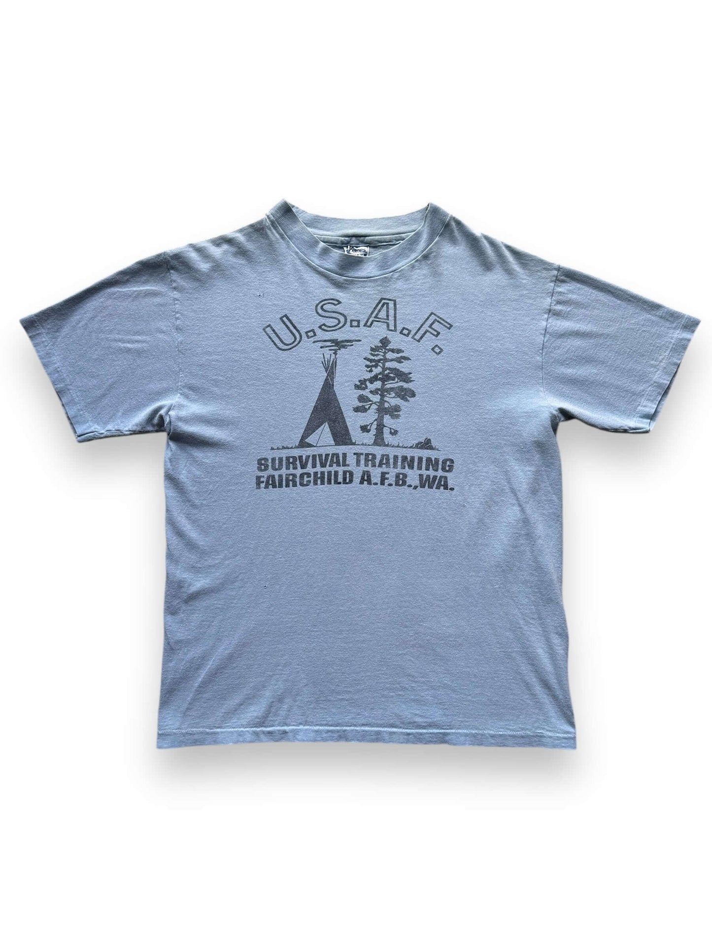 front of Vintage USAF Survival Training Camp Tee SZ L