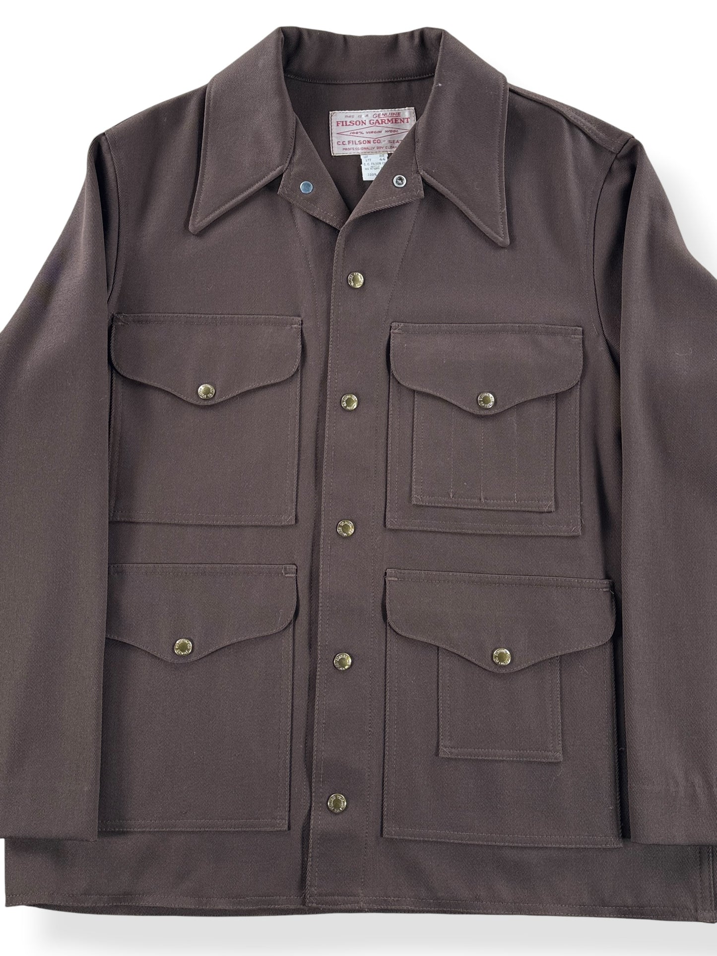 Front Close Up of Vintage Filson Brown Gabardine Style 177 Cruiser SZ 44