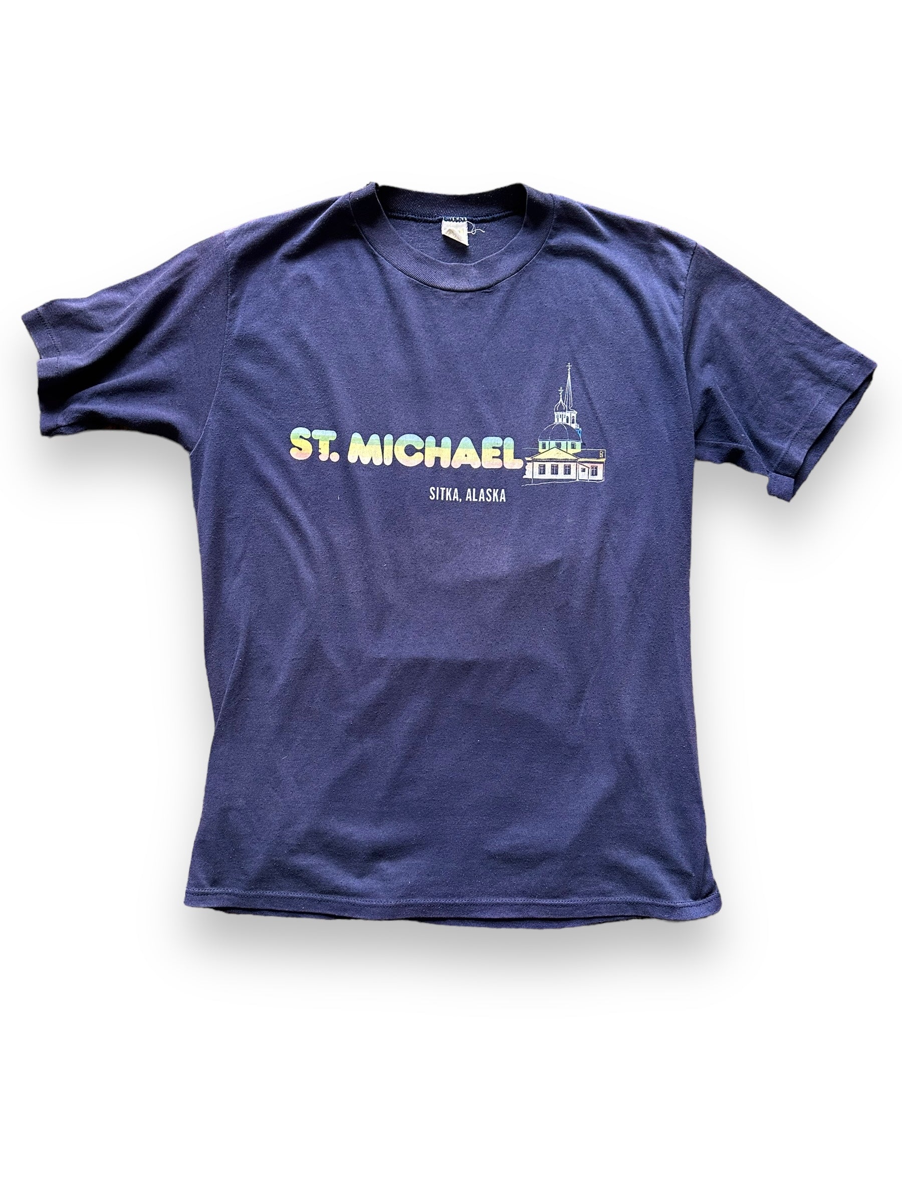 Front View of Vintage St. Michael's Sitka Alaska Tee SZ M | Vintage Alaska T-Shirts Seattle | Barn Owl Vintage Clothing Seattle