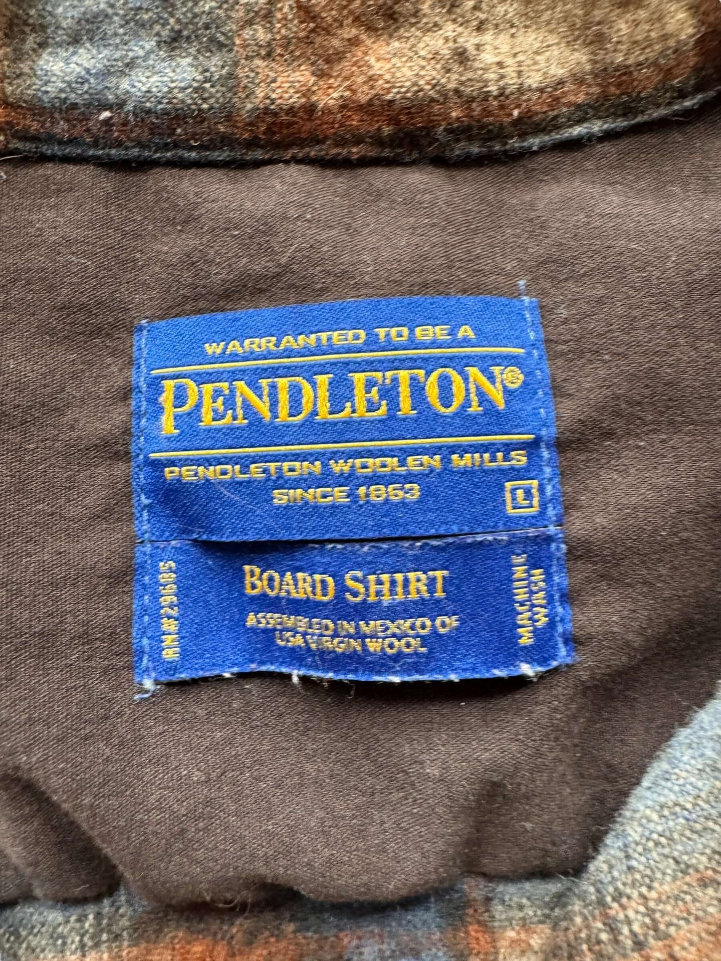 tag on Vintage Pendleton Brown/Blue Wool Board Shirt SZ L