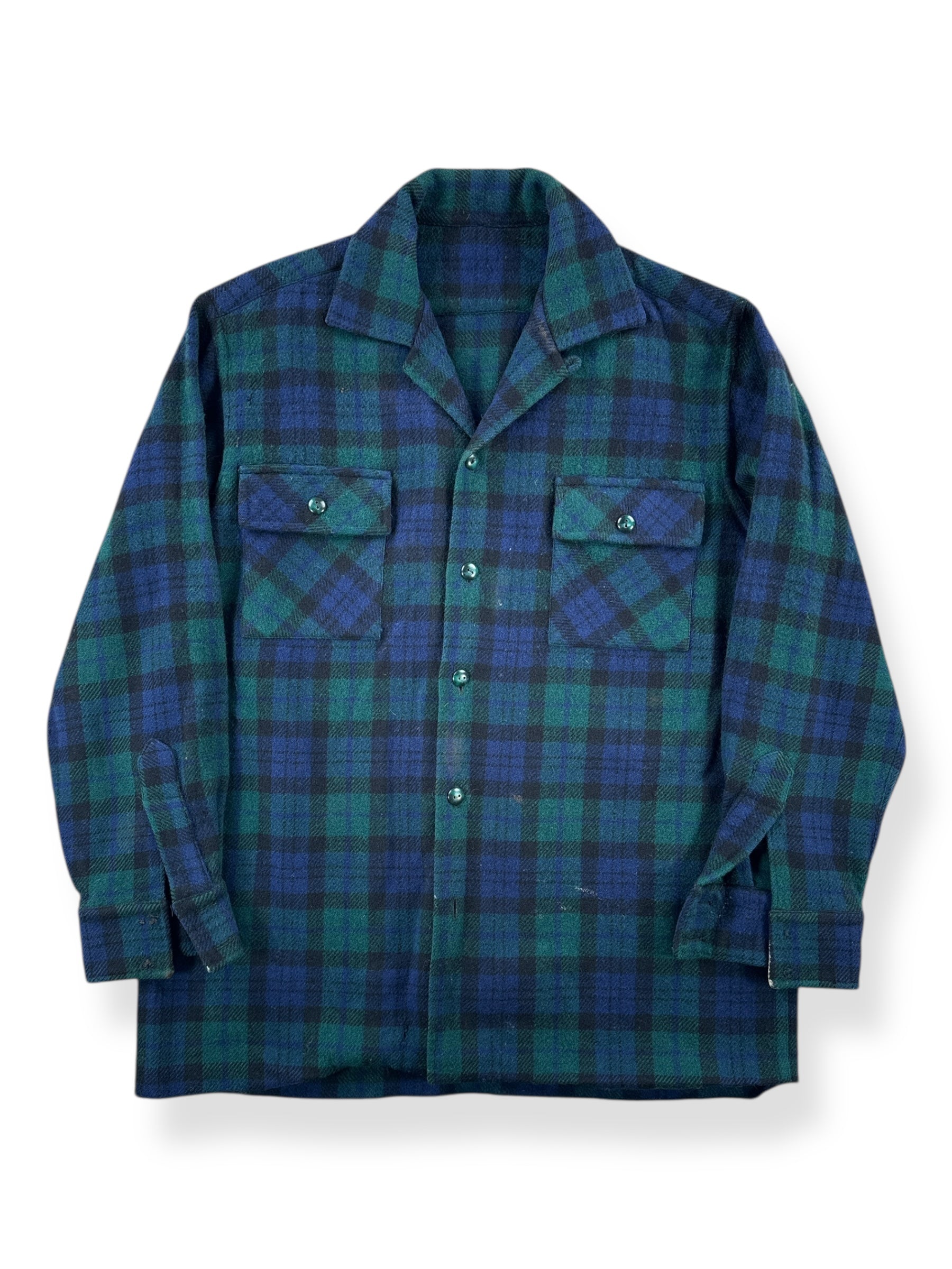 Front of Vintage Green & Blue Handmade Wool Blend Flannel SZ M AS IS