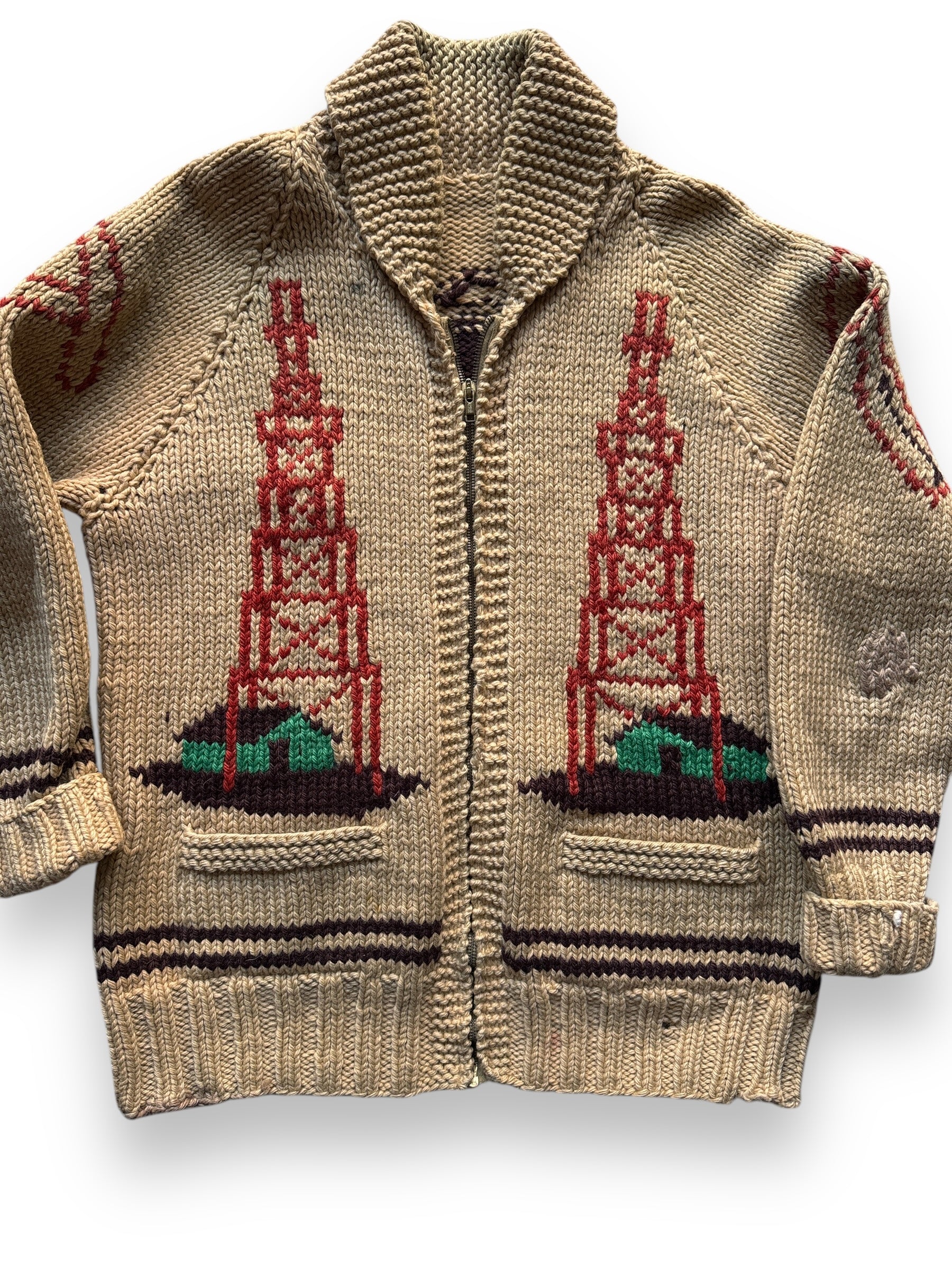 Front Detail on Vintage Oil Derrick Themed Cowichan Style Sweater SZ M