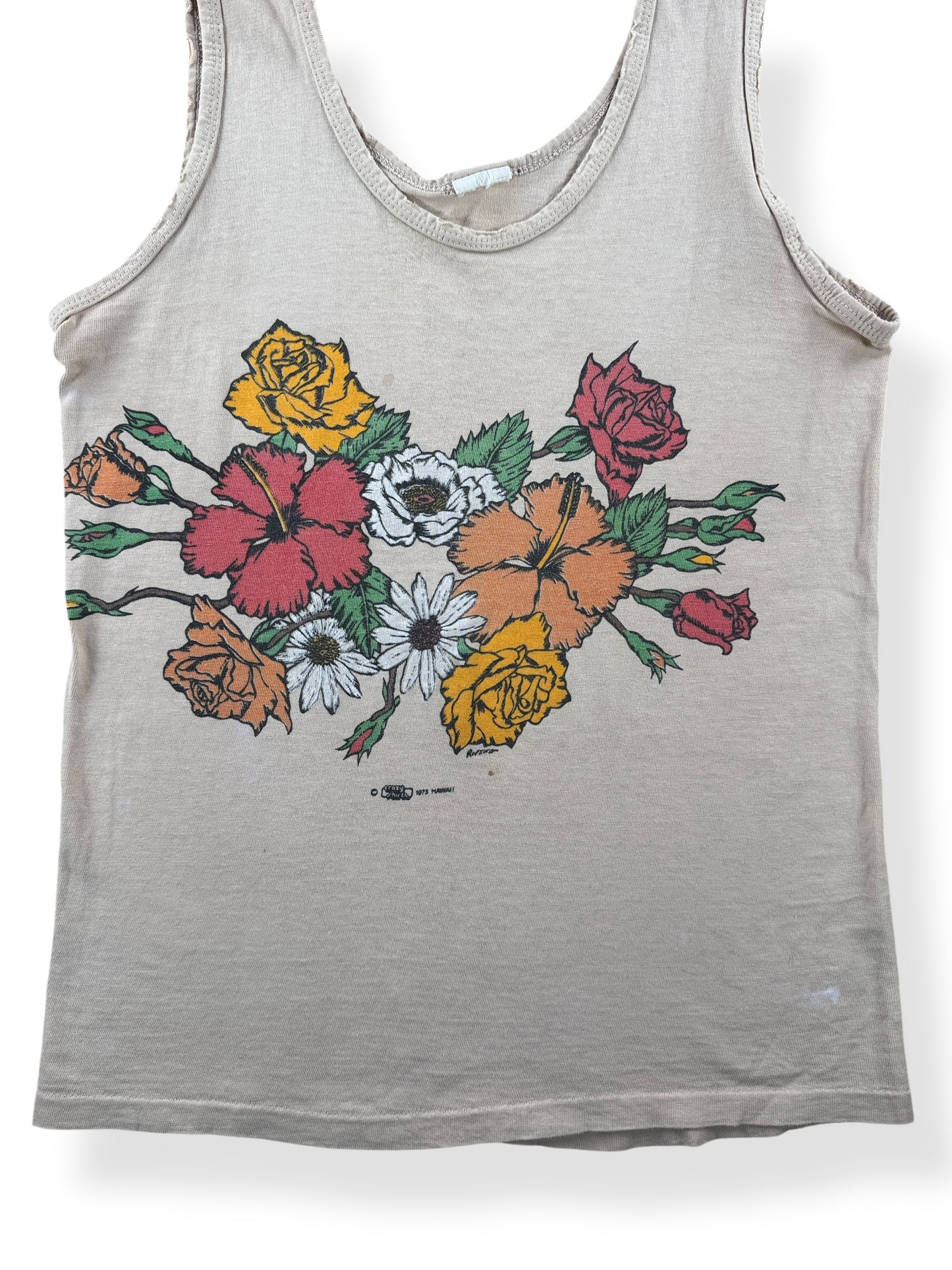 Front Close Up of Vintage Thrasher Crazy Tees Hawaii Tank Top SZ S