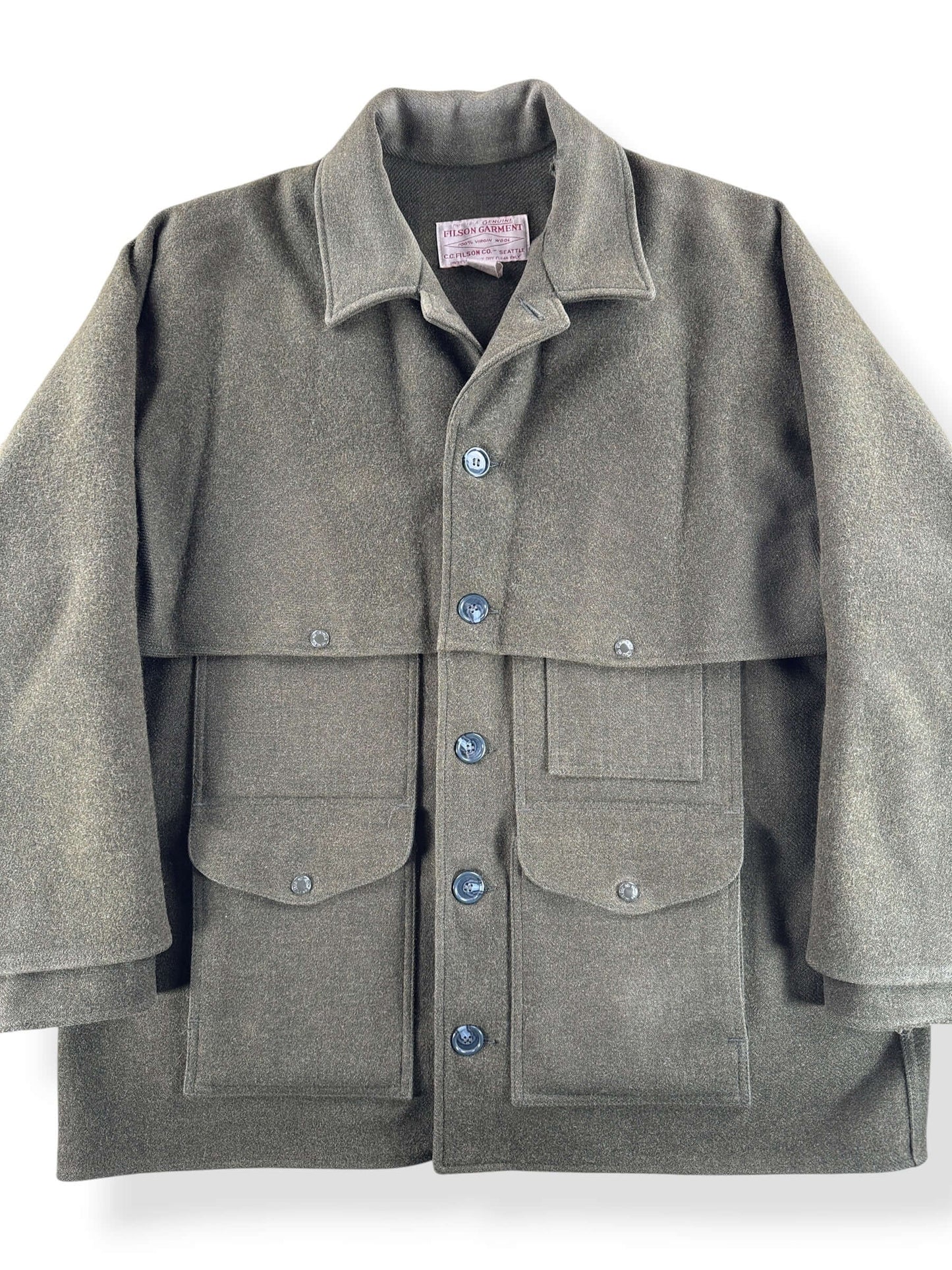 Front Close Up of Vintage 90s Era Filson Olive Green Double Mackinaw Jacket SZ 48