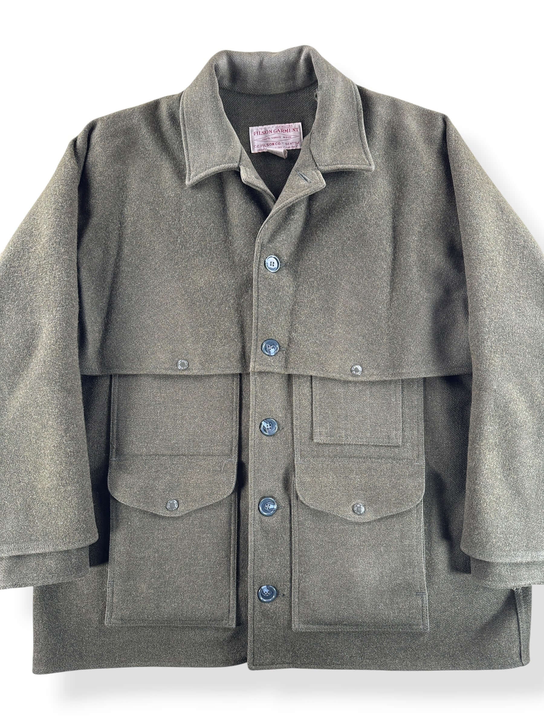 Front Close Up of Vintage 90s Era Filson Olive Green Double Mackinaw Jacket SZ 48