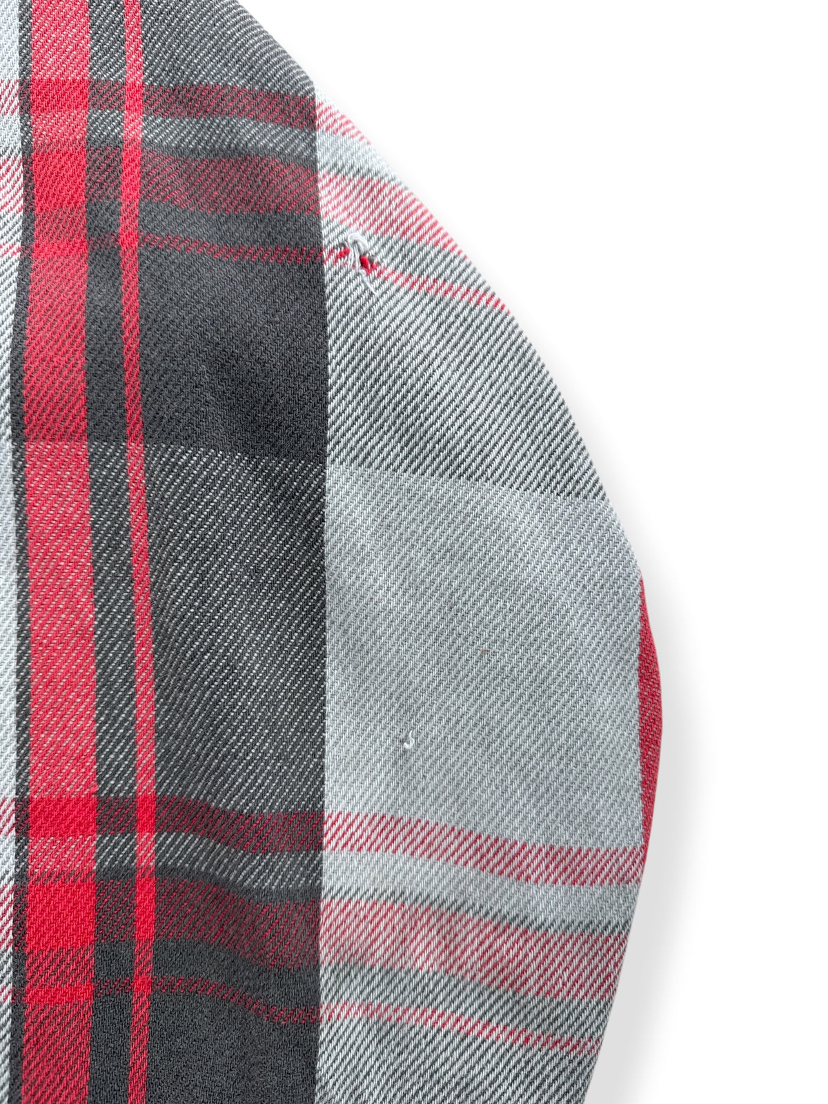 Ware on sleeve of Vintage Five Brothers Red & Grey Cotton Flannel SZ XL